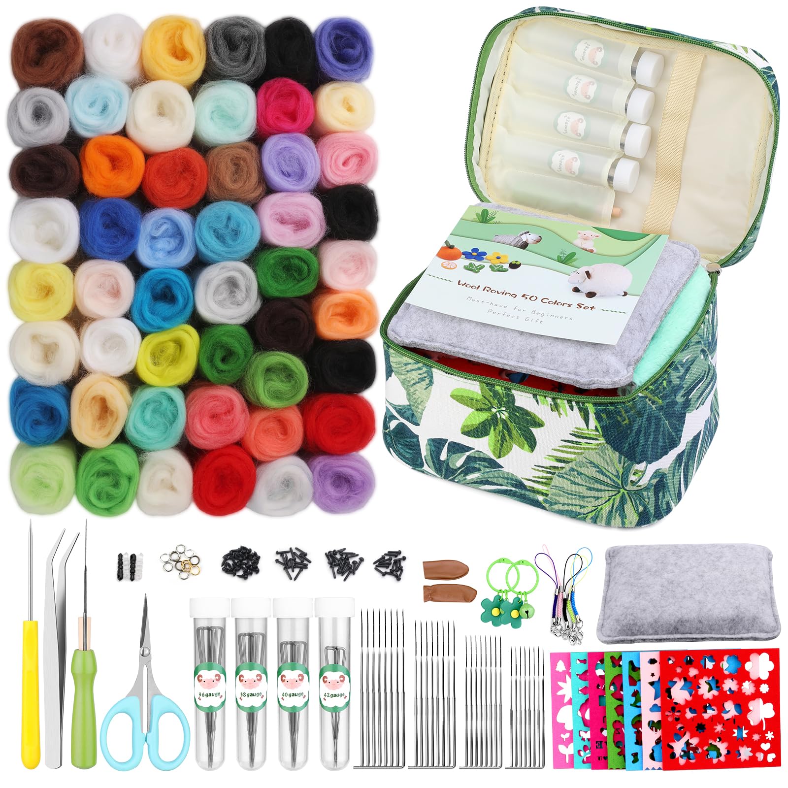 IMZAY Nadelfilz-Set, Wollgarn, 50 Farben, Set mit exquisiter grüner Aufbewahrungstasche, Nadelfilz-Starter-Set, Nadelfilz-Werkzeuge, Wollfilz-Werkzeuge für gefilzte Tier-Nadelfilzzubehör
