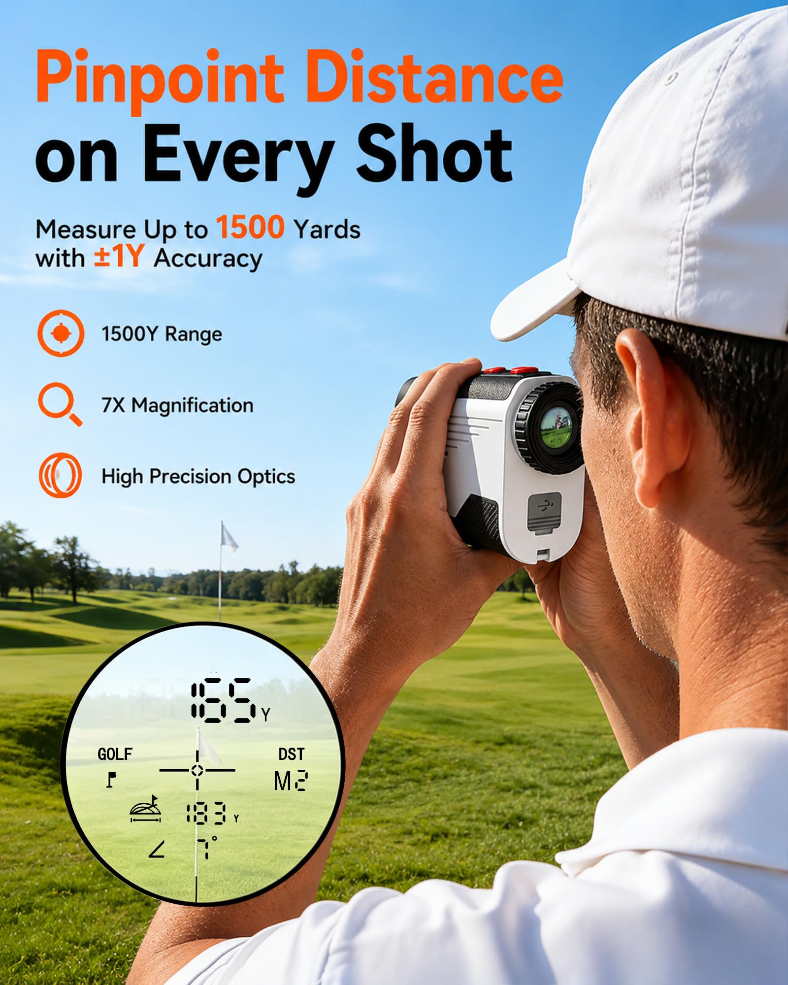 Telémetro de golf con pendiente, 1300/1500 yardas, buscador láser para golf y caza, aumento 7X, vibración de bloqueo de bandera de alta precisión, recargable, impermeable IP54, tira magnética