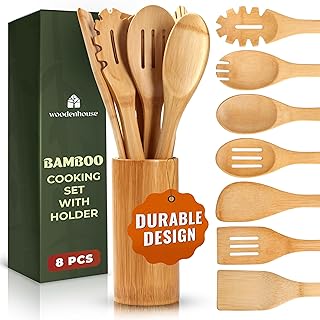 Bamboo Utensils 7 PCs with Holder – Bamboo Cooking Utensils Set + Holder for Nonstick – Wooden Spoon Sets for Cooking – Easy to Clean, Sturdy, Lightweight & Heat Resistant