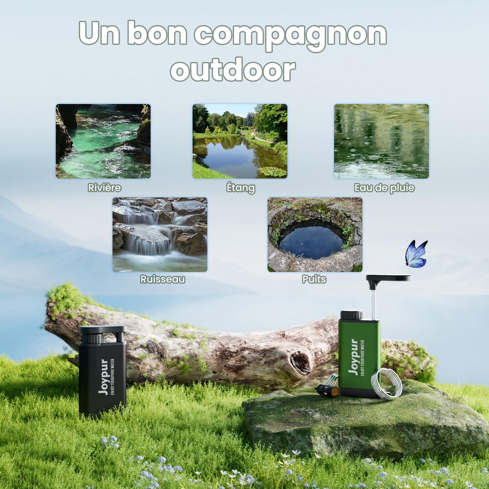 Filtre à eau Survie en plein air - Filtre à eau potable en métal avec une capacité de filtration de 6000 L Purificateur d'eau portable pour le camping la randonnée l'urgence etc. (Vert armée)