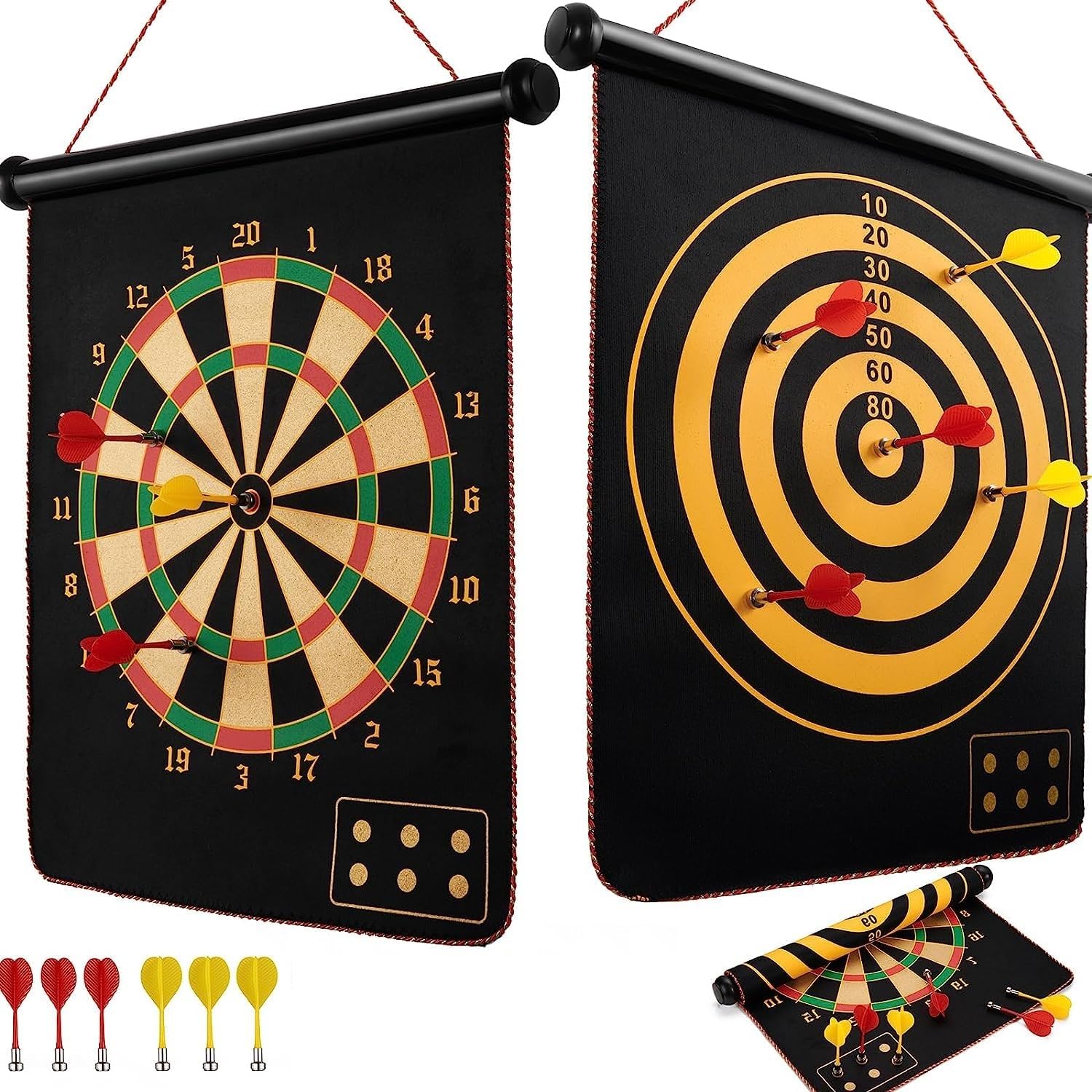 Serveuttam Magnetic Dart Board Game for Kids & Adults - 6 Pc Darts & Mat | Double Faced, Indoor/Outdoor, Portable, Safe, Non-Toxic, Black, EVA