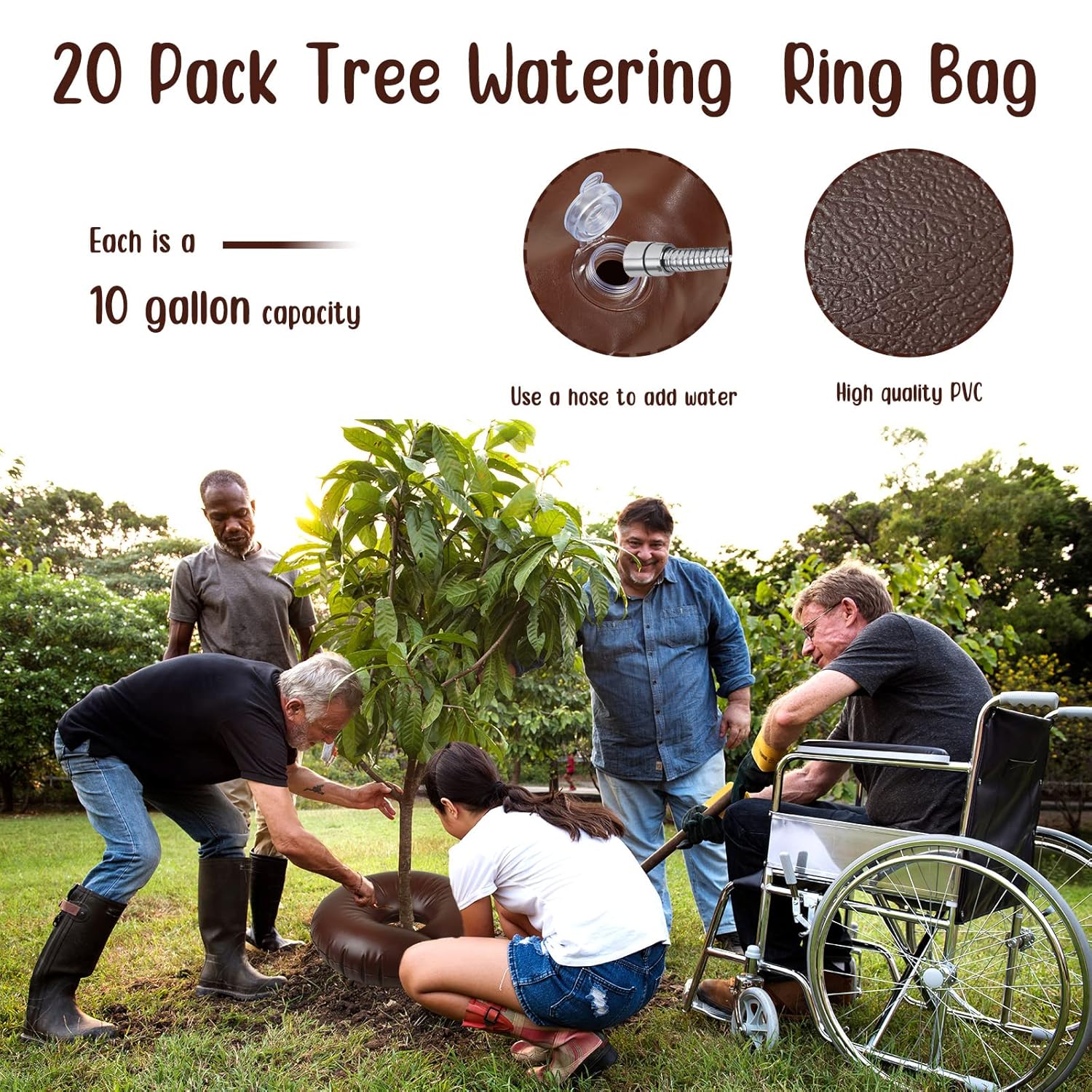Mumufy 20 Pack Tree Watering Ring Tree Watering Bag 10 Gallon Slow Release PVC Drip Irrigation Water Pouch Automatic Drip System for Planting Gardening Trees and Shrubs, 23.6 Inch (Brown)