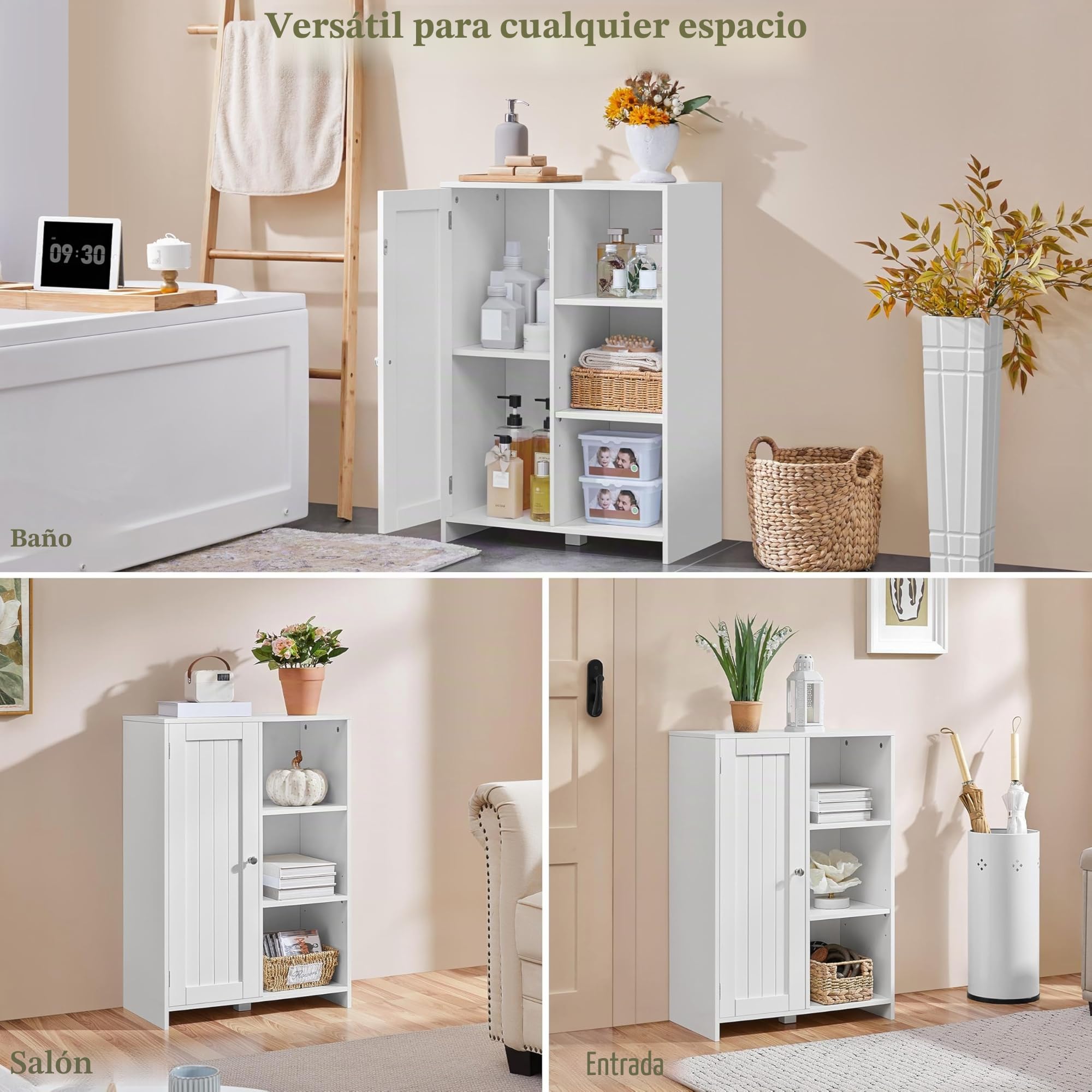 Yaheetech Armario de Suelo para Baño Moderno con Puerta Única 3 Estantes Abiertos Mueble de Almacenaje para Baño Oficina en Casa Blanco