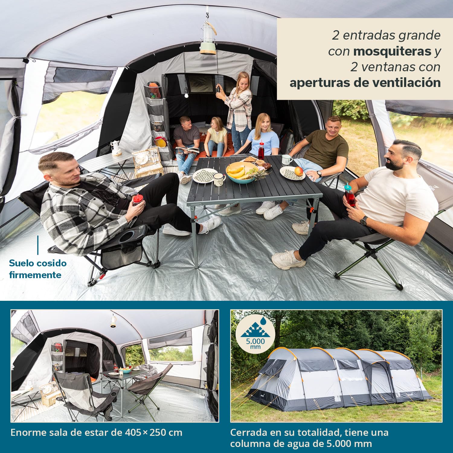 Skandika Hurricane para 12 Personas | Tienda de Camping túnel con/sin Suelo Cosido, con/sin Sleeper Technology, 2 cabinas para Dormir, Columna de Agua de 5000 mm