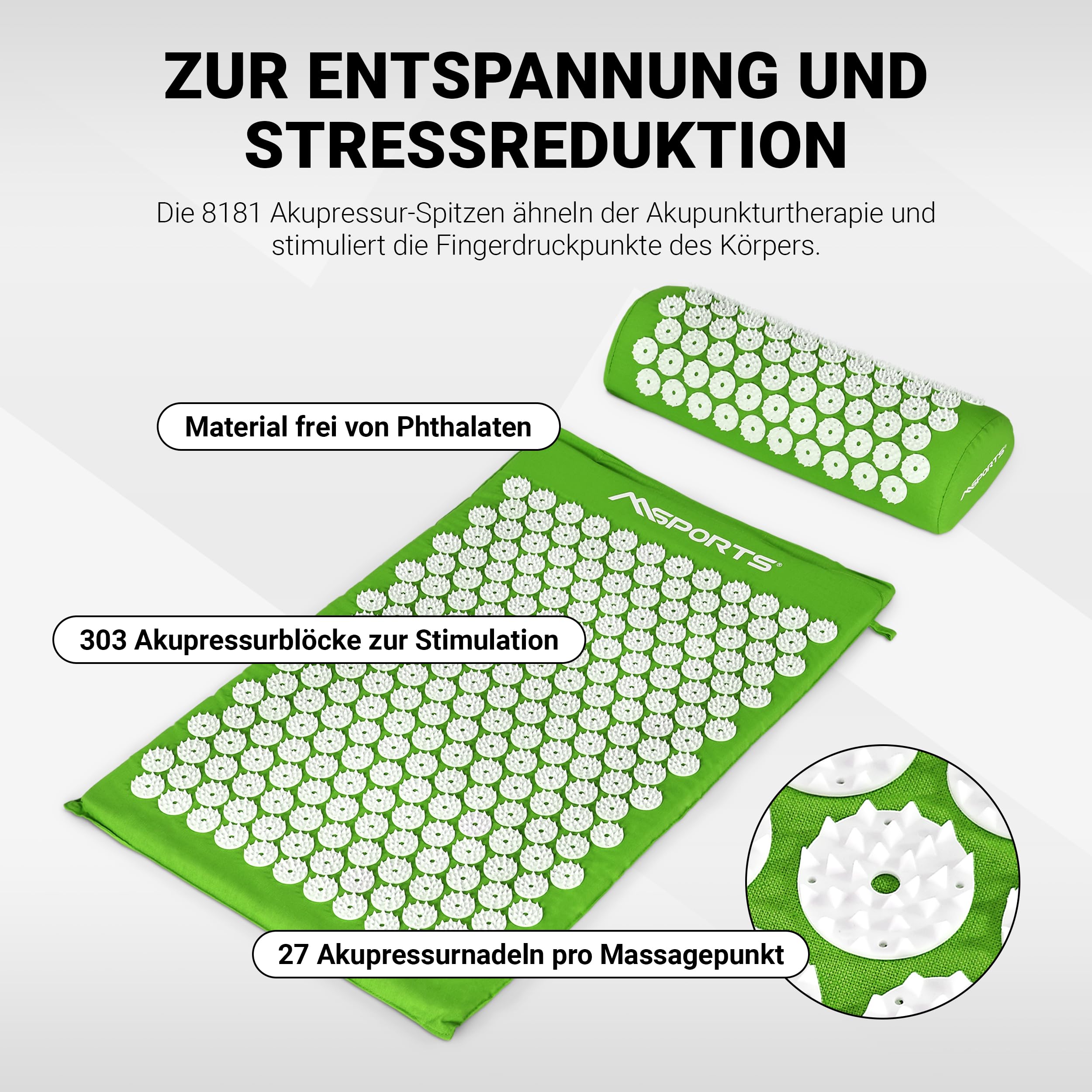 MSPORTS Akupressurmatte Premium Set mit Kissen, Tasche & App – Akupressur Set aus 100% Baumwolle – Nadelmatte zur Entspannung, gegen Verspannungen, Rücken- & Nackenschmerzen – Massagematte für Zuhause