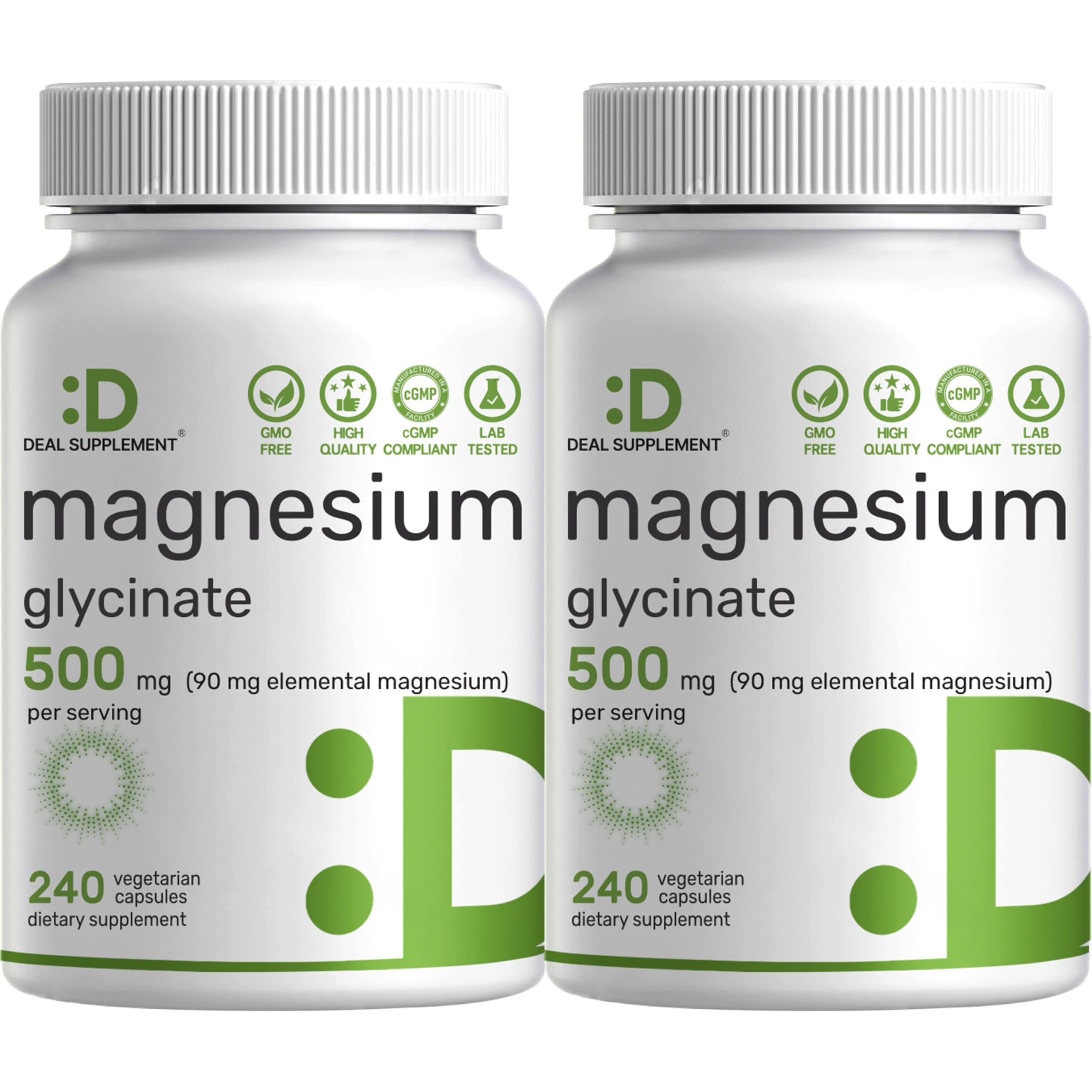 Deal Supplement Magnesium Glycinate 500mg, 480 Veggie Capsules | 100% Chelated for Easy Absorption | Essential Mineral Supplement | Non-GMO, Gluten-Free 240 Count (Pack of 2)