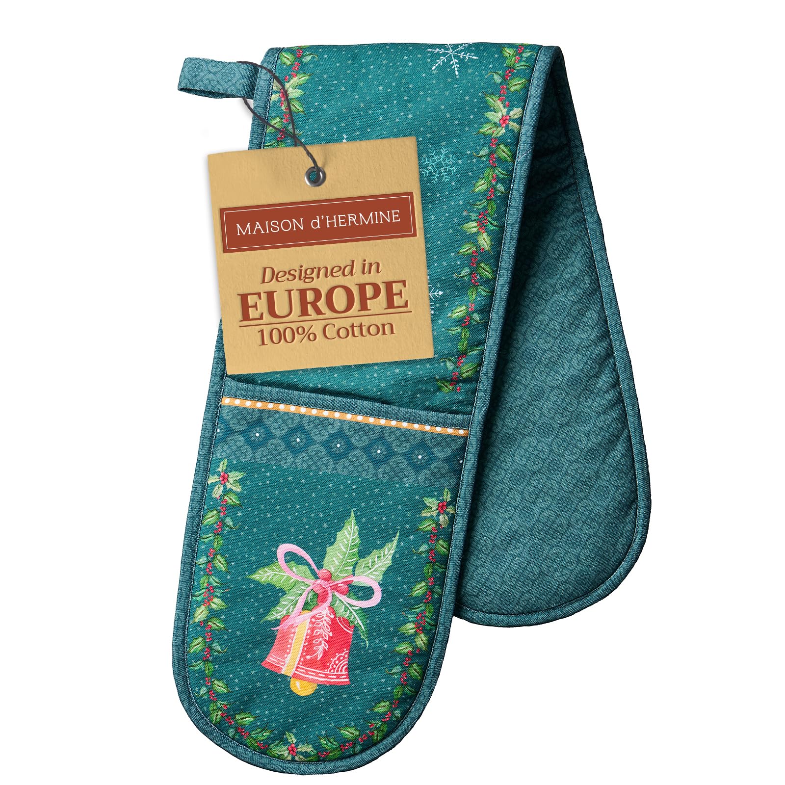 Maison d' Hermine Double Oven Mitt (18 cm x 89 cm) 100% Cotton Heat Resistant BBQ Cooking Gloves with Loop for Christmas Decorations Baking Cooking Barbeque Handling Hot Pan (Hygge Christmas) โ image 1