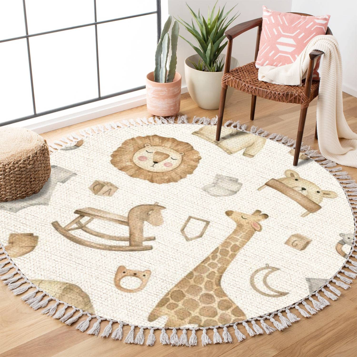 Round Boho Area Rug Watercolor Lion Forest Woodland Animals Carpet with Tassels Meditation Rug Washable Hallway Floor Mat Runner Rugs for Playroom Classroom Kids Room Nursery Decor 4 ft