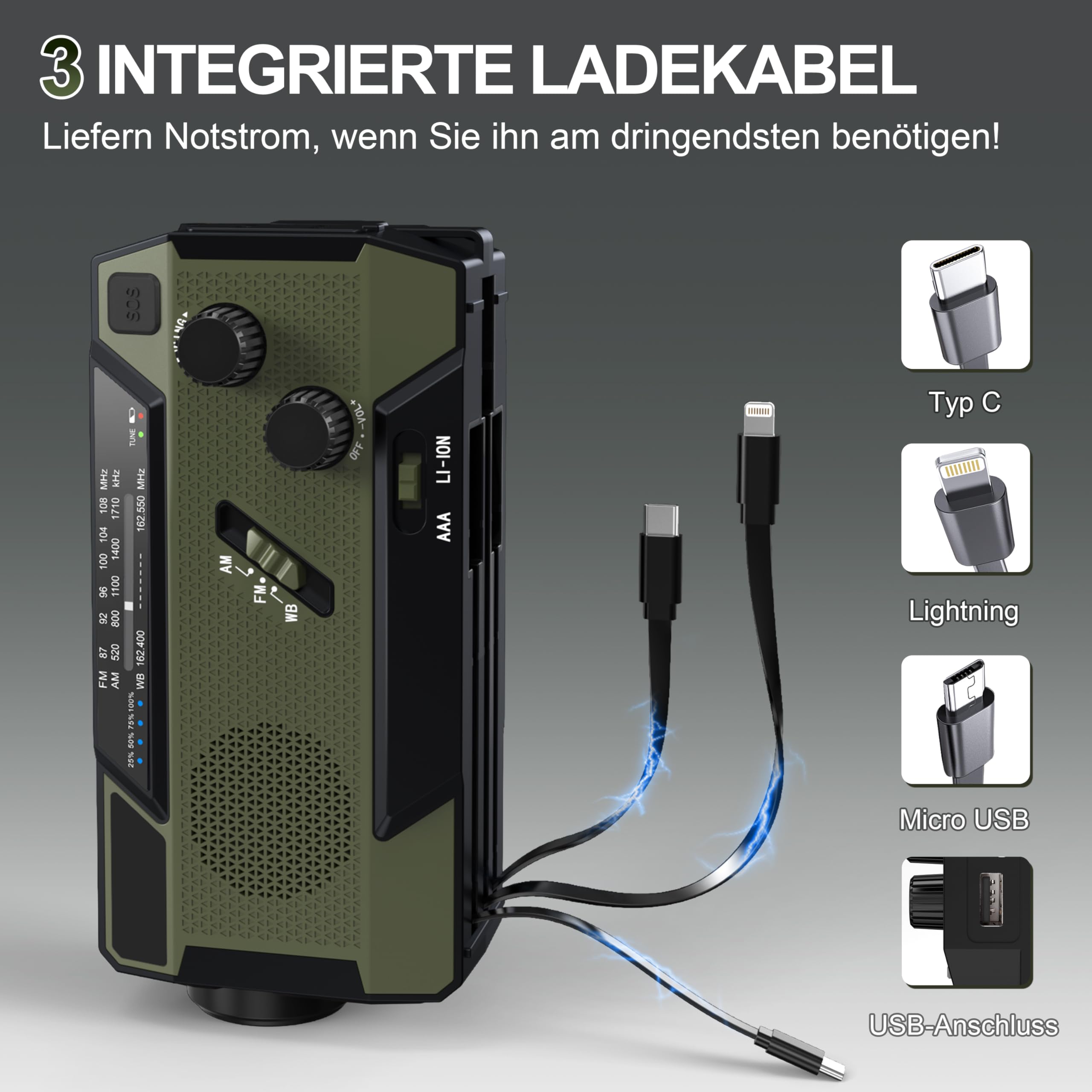 Radio d'urgence à manivelle - Récepteur mondial - 4000 mAh (14800 mWh) - Avec 3 câbles intégrés - Radio d'urgence avec manivelle et solaire - Fonctionne sur piles - AM/FM/WB - Alarme SOS - Lampe de