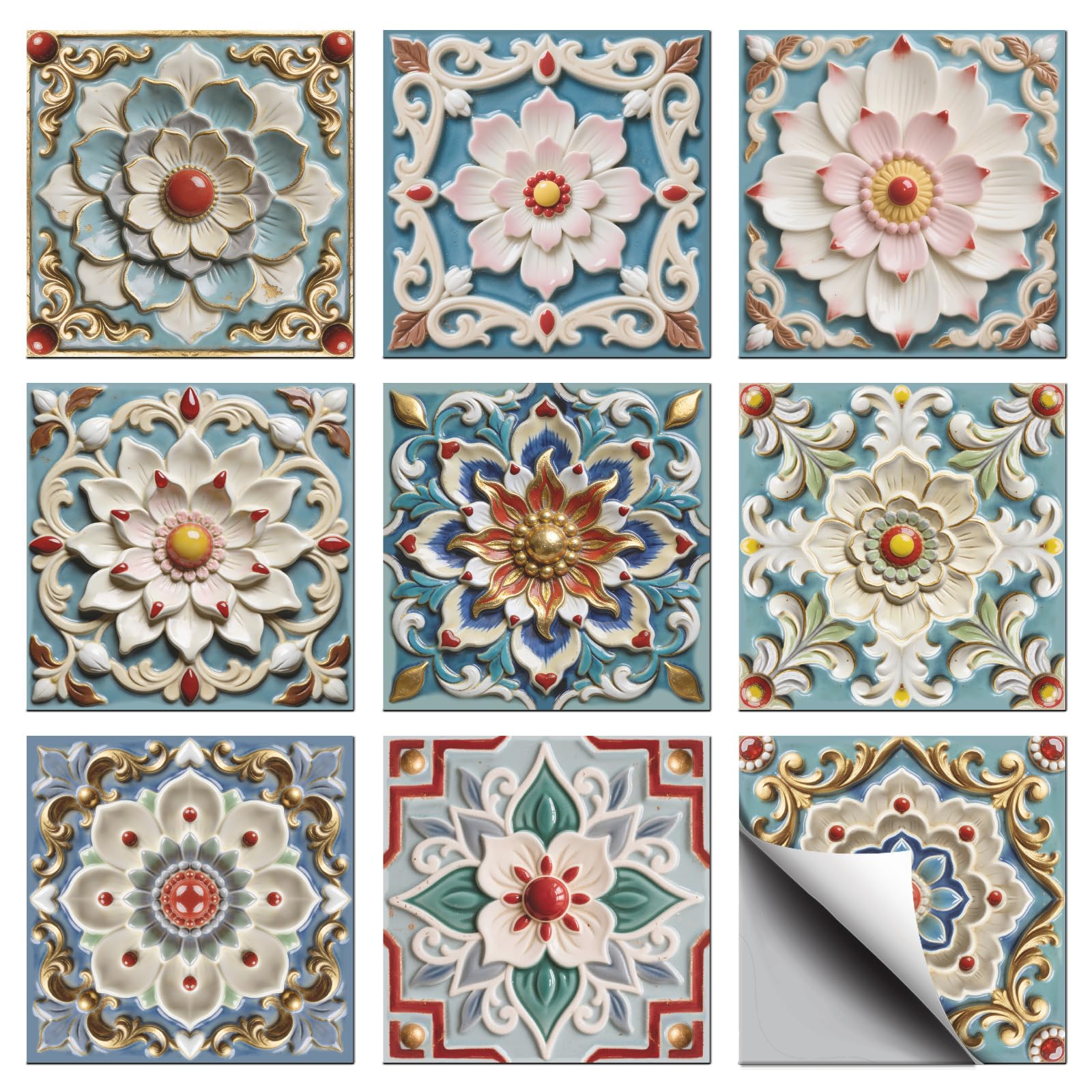 CONCHLERY 36 Pcs 9 Styles Light-Colored Embossed Flowers Patten Tile Sticker Colorful Lotus Patten Wall Tile Stickers Waterproof Self Adhesive Stick on Decals for Kitchen Bathroom Wall Art 4×4 Inch — image 1