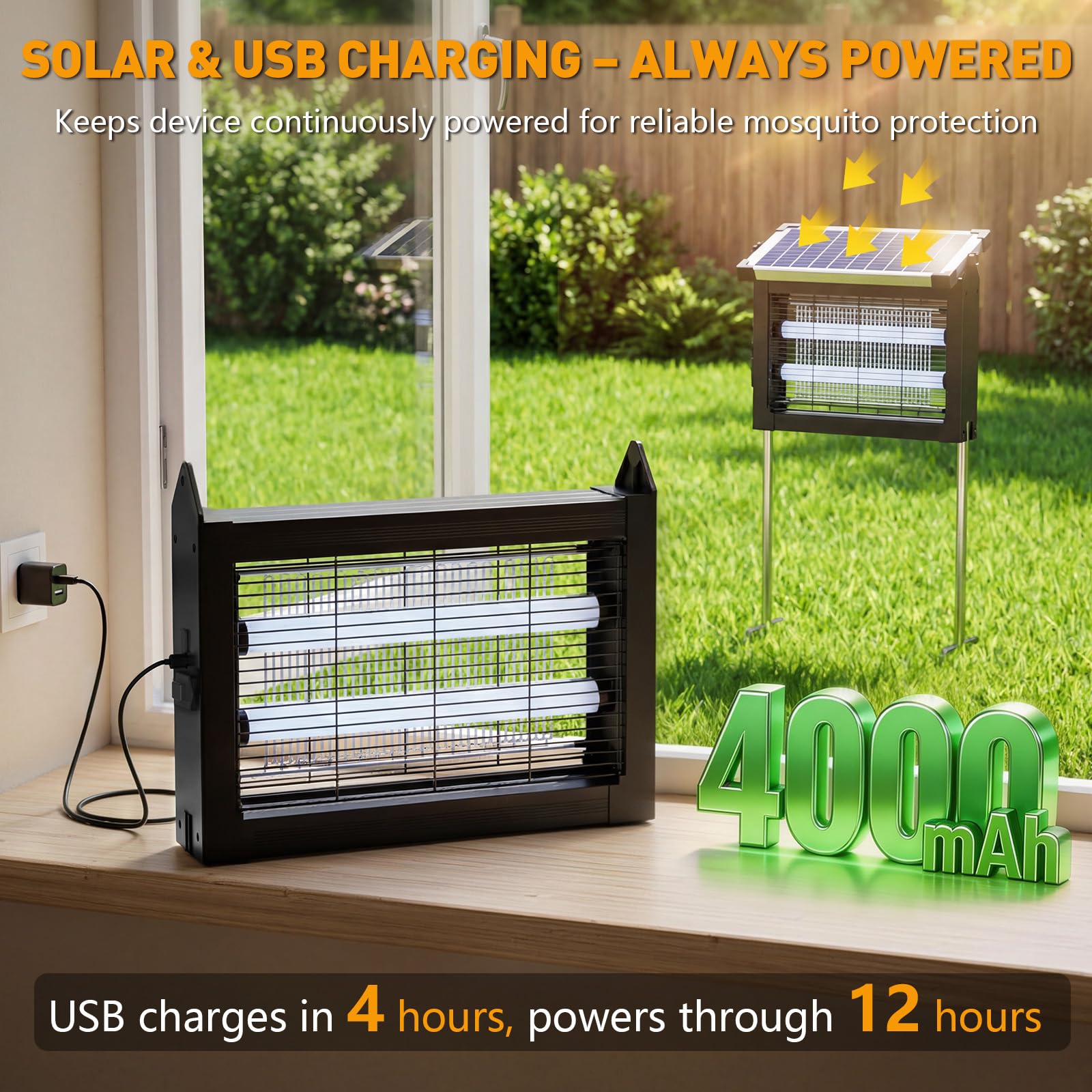 Eliminador solar de insectos para exteriores, 4500 V, solar, para exteriores e interiores, cobertura de 1/2 acre, inalámbrico recargable, eléctrico, trampas para mosquitos IPX5 impermeables para patio