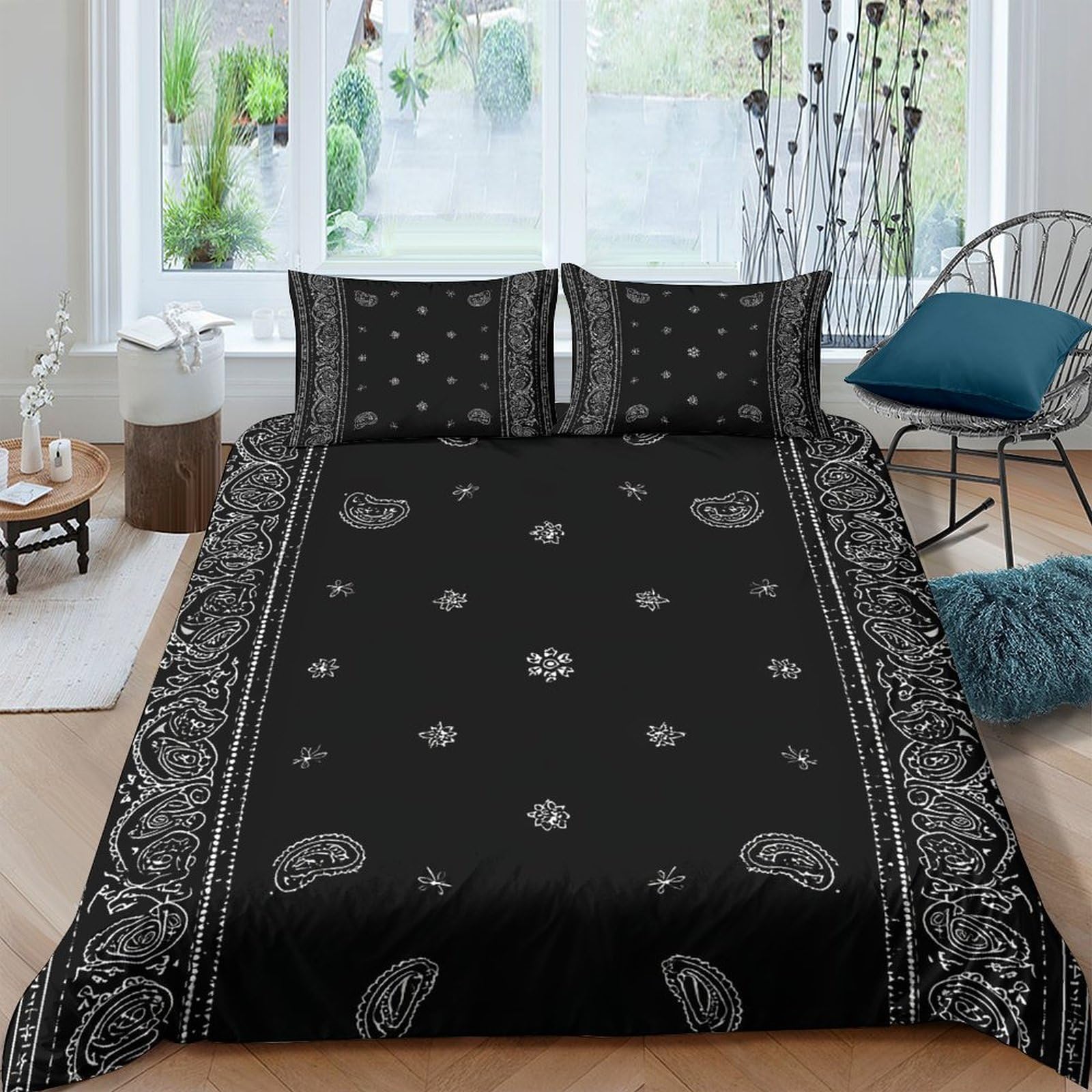 GPLZQXKJNH 3D Printed Black Paisley Bandana Duvet Cover Microfiber Soft Breathable Bedding Set with 2 Pillowcases for Bedroom Decor Single（135x200cm）
