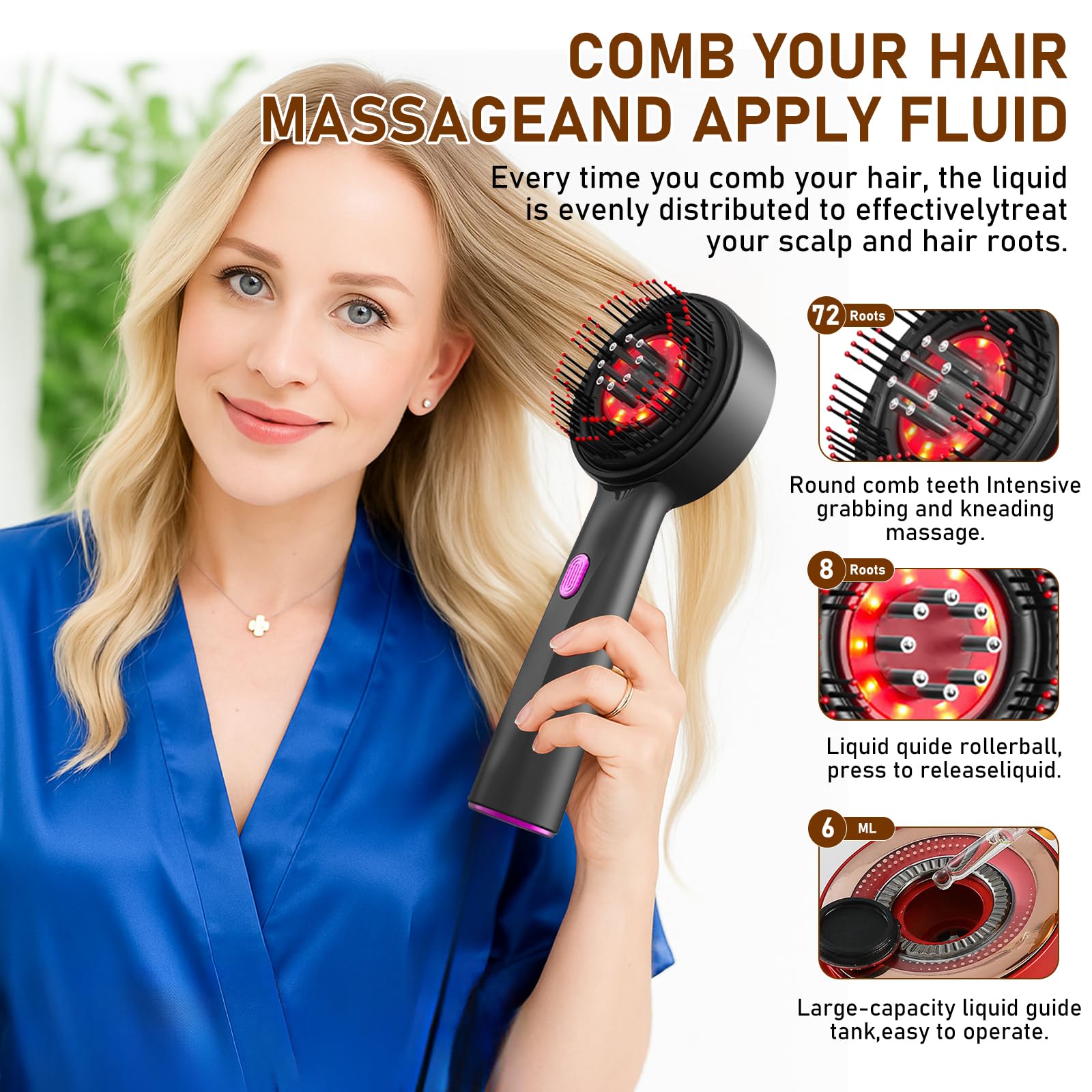 WingFly Kopfmassagegerät Elektrisch, 2-in-1 Kopfhaut Massagebürste Elektrisch und Haaröl Applikator, 3 Modi Elektrische Haarbürste mit Rotlicht Serum-Flüssigkeitskabine, 360° Knetmassage (Grau)