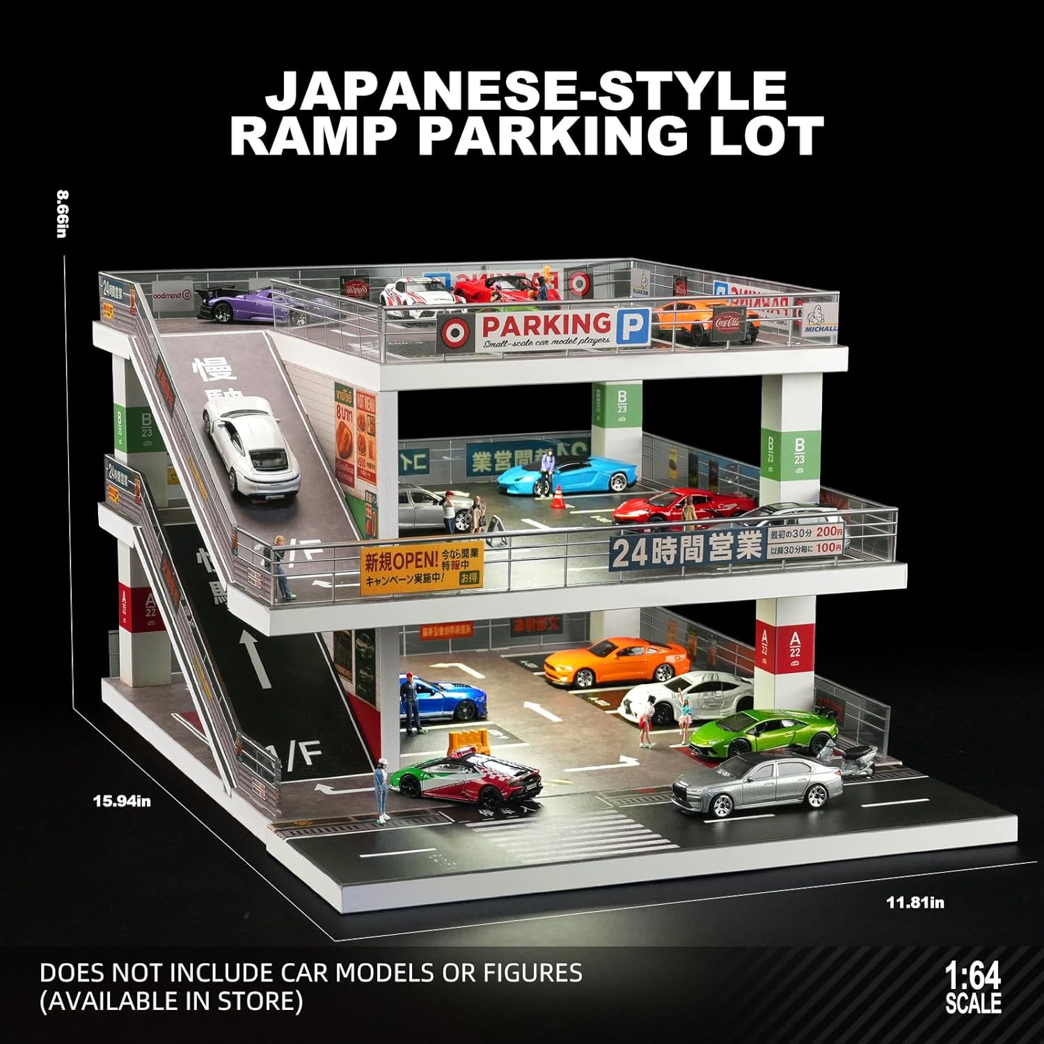 Display Case for Hot Wheels & Matchbox,Lighted Ramp Scene Parking Garage Diorama for 1/64 Diecast Model Toy Car Trucks Storage Garage,Maximum Hold 50 Cars (Light Gray)