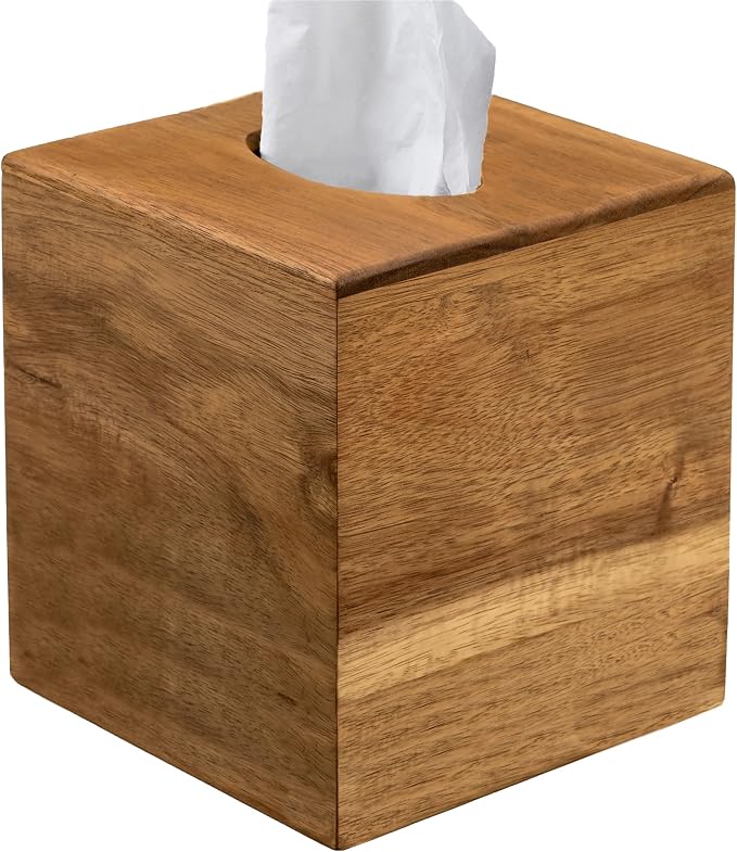 Tissue Box Cover Square, Acacia Wood Tissue Box Holder with Slide-Out Bottom, Wooden Tissue Box Cover Cube for Bathroom, Bedroom, Dinner Table, 5.5 x 5.5 x 6.1 inches