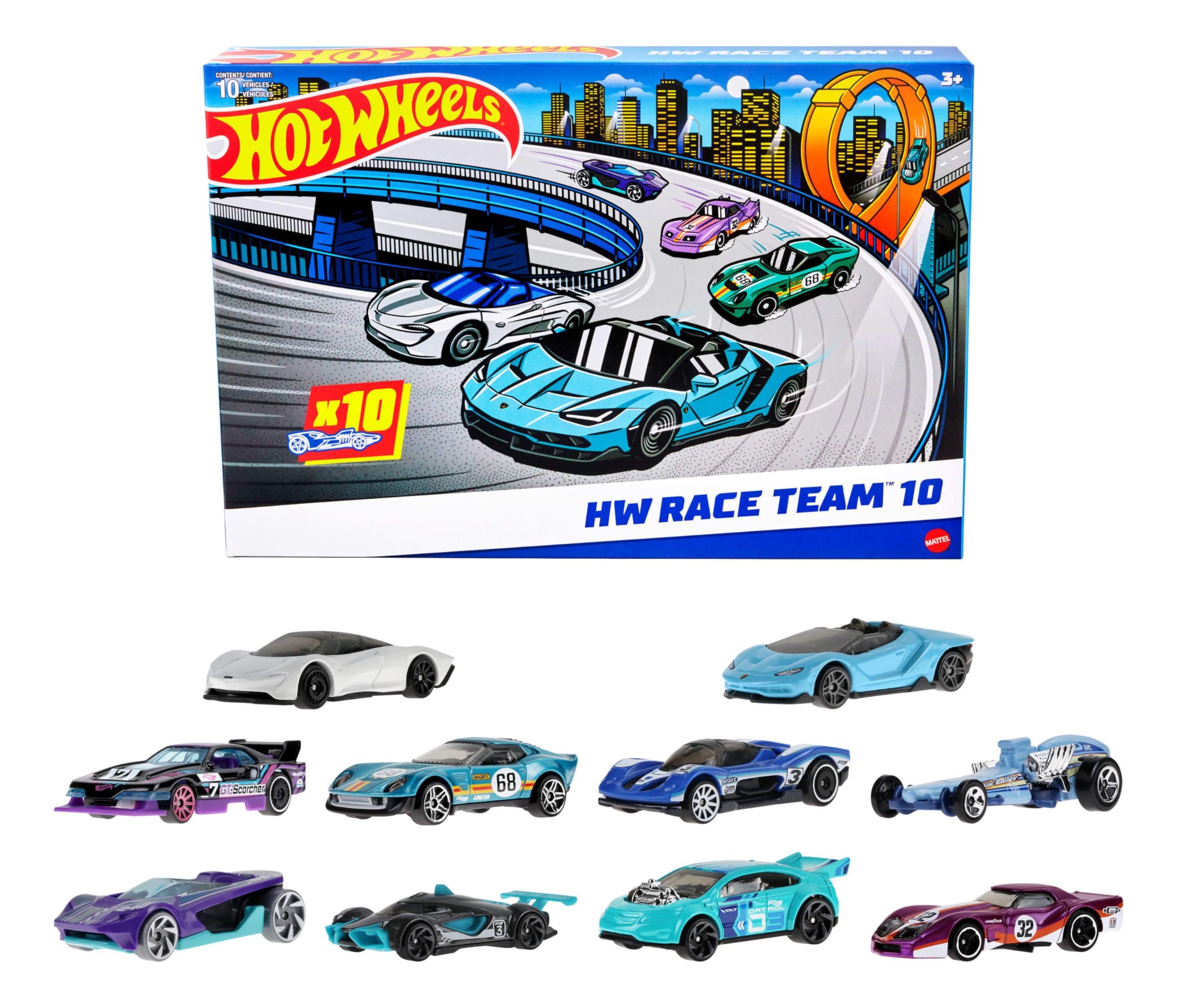 Hot Wheels Toy Cars, 10-Pack of Race Cars, Includes 1:64 Scale