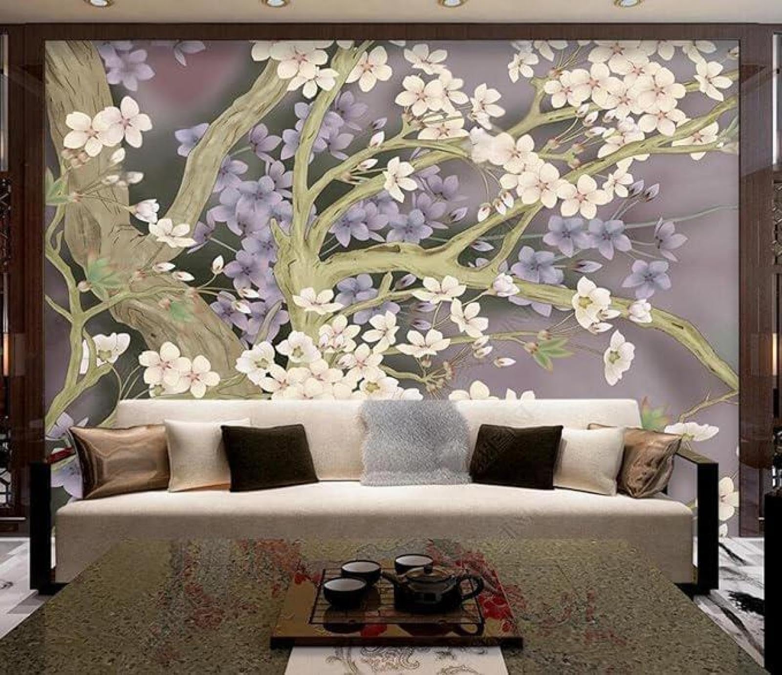 Three Dimensional Trees Pink Purple Flowers 3D Wallpaper Luxury Silk Study Dining Feature Sofa Grey Bedroom Living Room Tv Decorative Wall-400cm×280cm