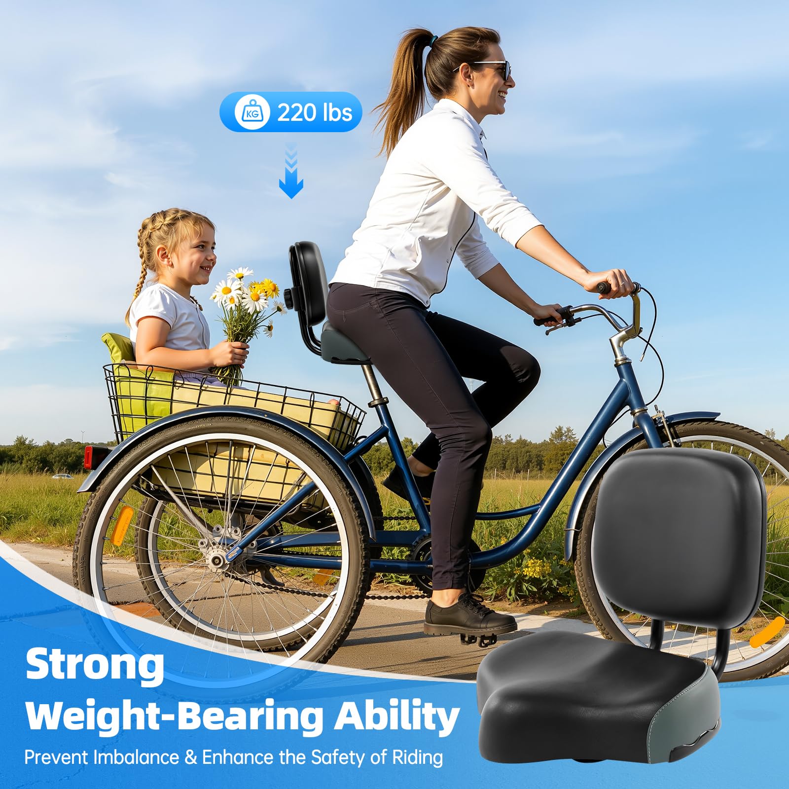 Cómodo asiento de bicicleta con respaldo,Asiento amplio y cómodo,Ancho del sillín de la tija del sillín,Acolchado ergonómico, Respaldo ajustable,Espuma de poliuretano amortiguadora,Asiento de repuesto