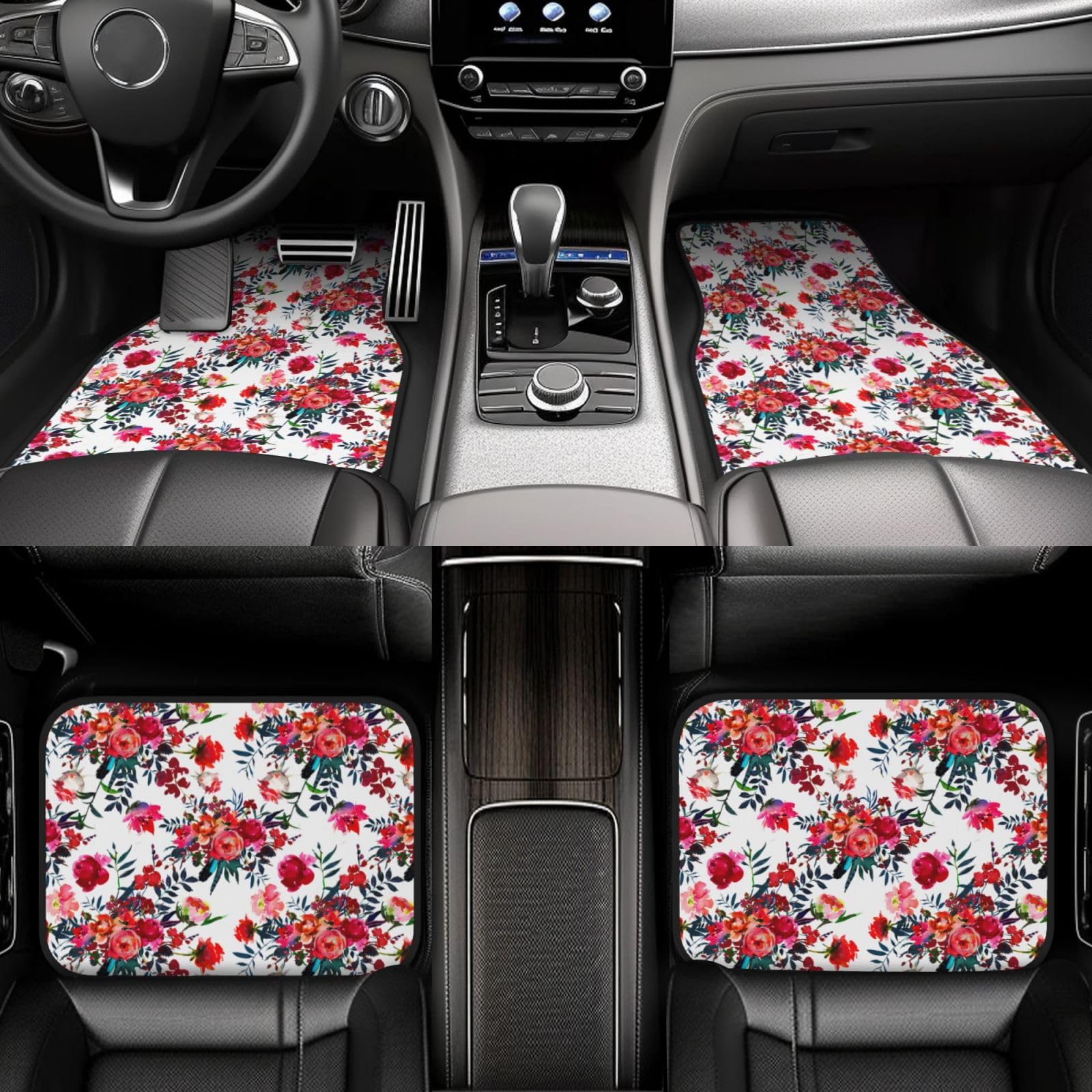 Blumensträuße in leuchtendem Rot und Marineblau, 4er-Set Auto-Fußmatten, Neopren-Fußmatten für Fahrzeuge, rutschfeste Auto-Fußmatten, Autozubehör