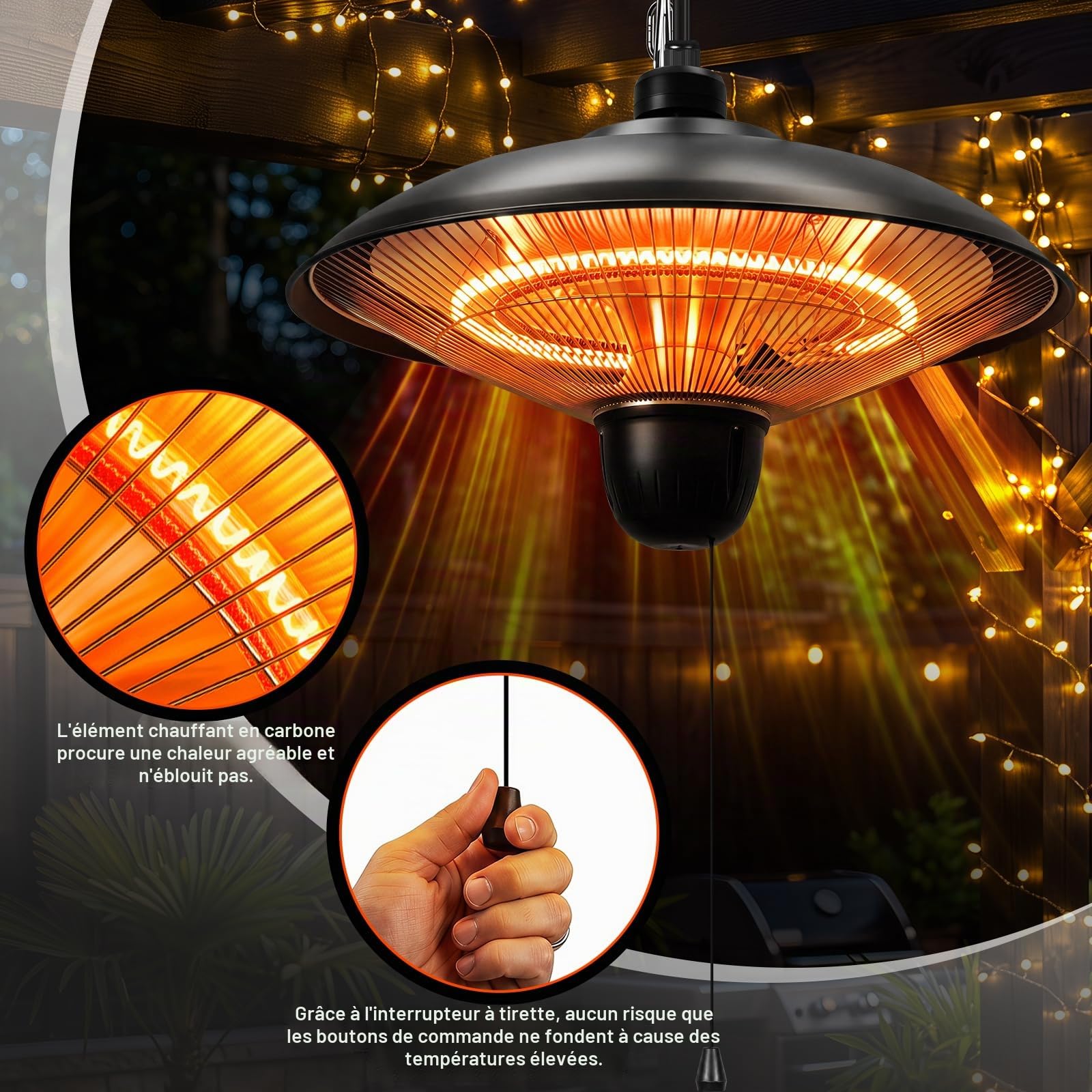Fiqops Chauffage radiant, Chauffage extérieur pour jardin 2000W, chaîne, télécommande, chauffage infrarouge pour terrasse, balcon ou restaurant, chauffage radiant extérieur IP24 étanche.