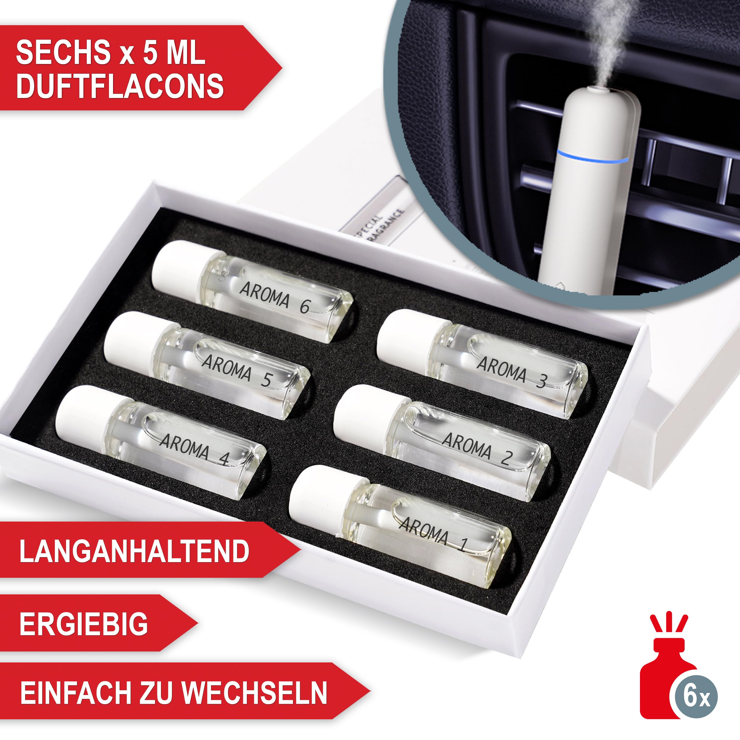 ONBEST Lufterfrischer - für ätherische Öle - Kabellos mit Akku - automatischer Start/Stop - Ultraschall Diffuser - inkl. 6 natürlicher Düfte - perfekt fürs Auto oder Innenraum (Nachfüllset)