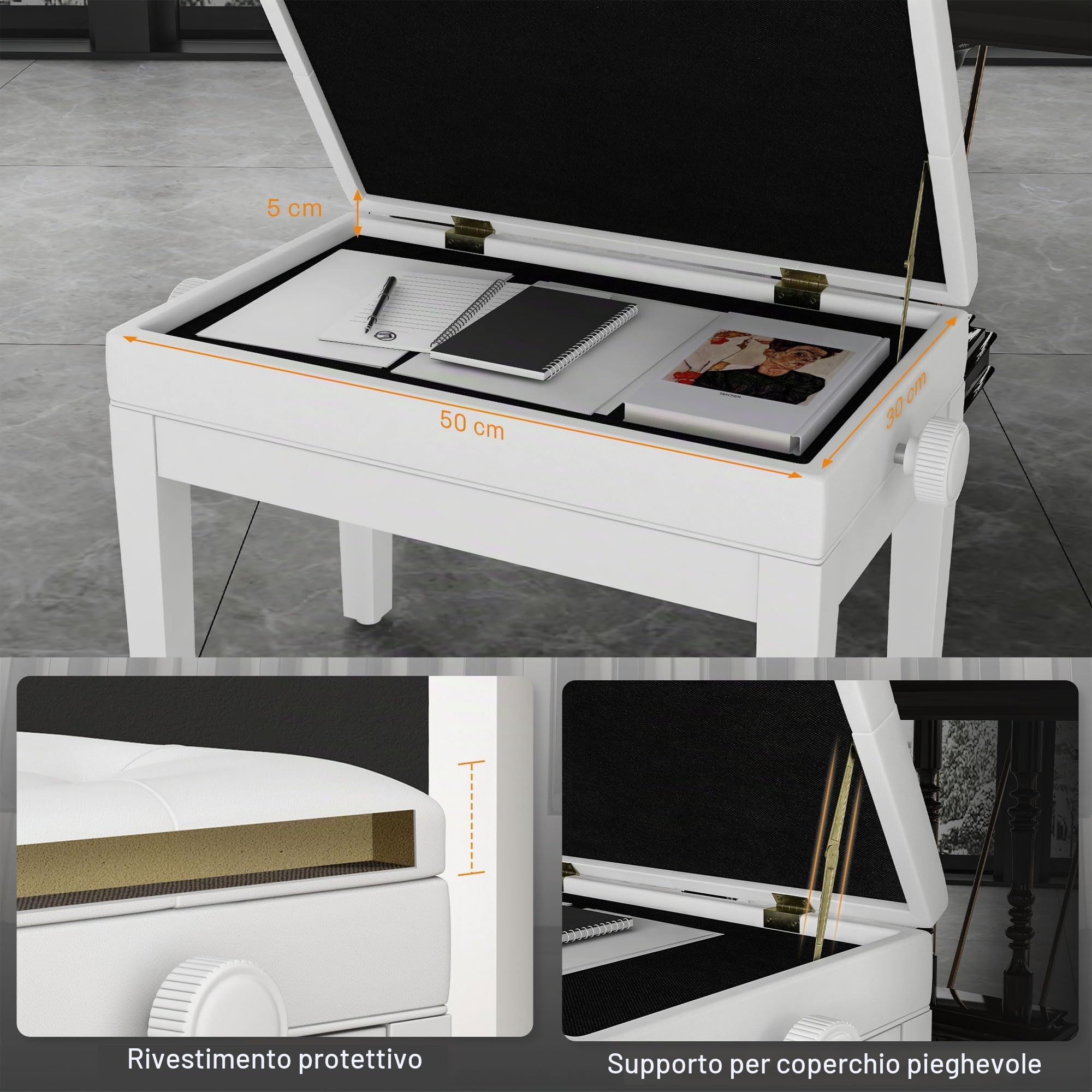HOMCOM Sgabello da Piano con Ripiano Gambe Legno 54.5x33x48-58cm Bianco | Sgabello per Pianoforte, Altezza Regolabile 48-58 cm, Sgabello Imbottito per Tastiera