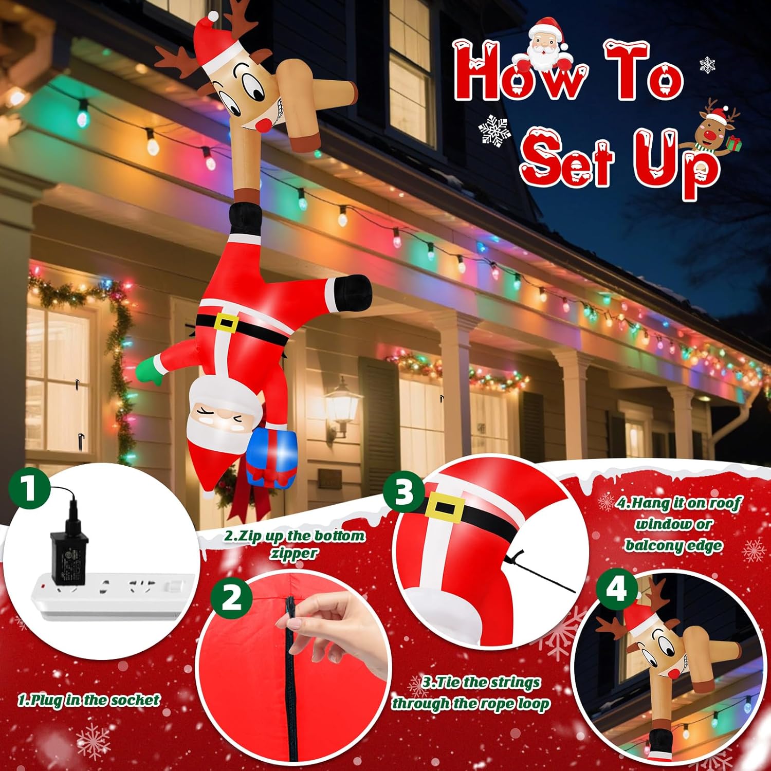 B&D 6FT Christmas Inflatable Reindeer Pulling Falling Santa Outdoor Decorations, Funny Hanging Inflatable Christmas Decorations Built-in LEDs Blow Up Yard Inflatable for Xmas Party Indoor Garden Roof - Image 7