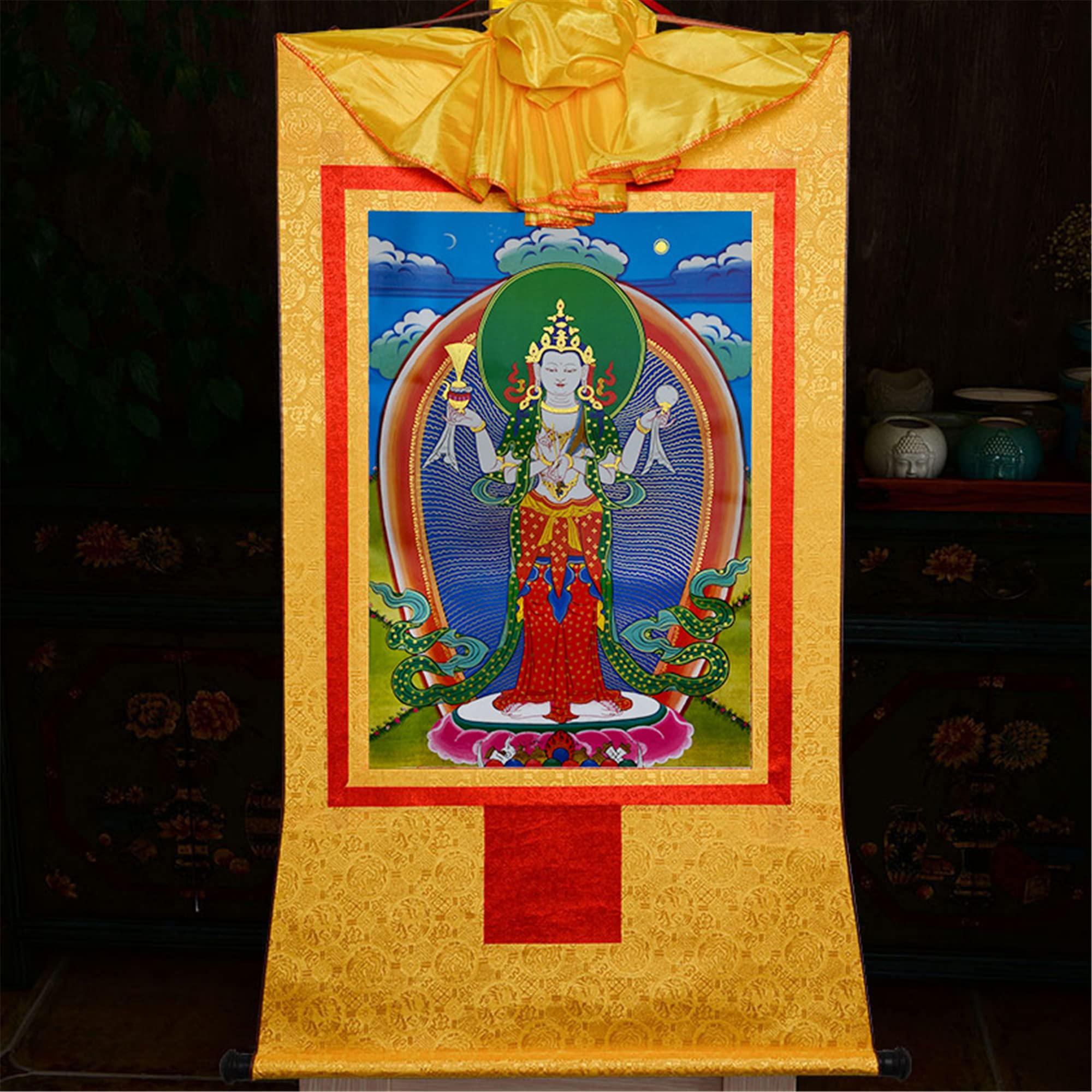 Gandhanra Thangka Tibetische Wandbehang,Chenrezig Thagnka,Heißgeprägter Buddha Wandteppich für Zen Wohnkultur, Meditation, Spirituelle Entspannung und Ruhe