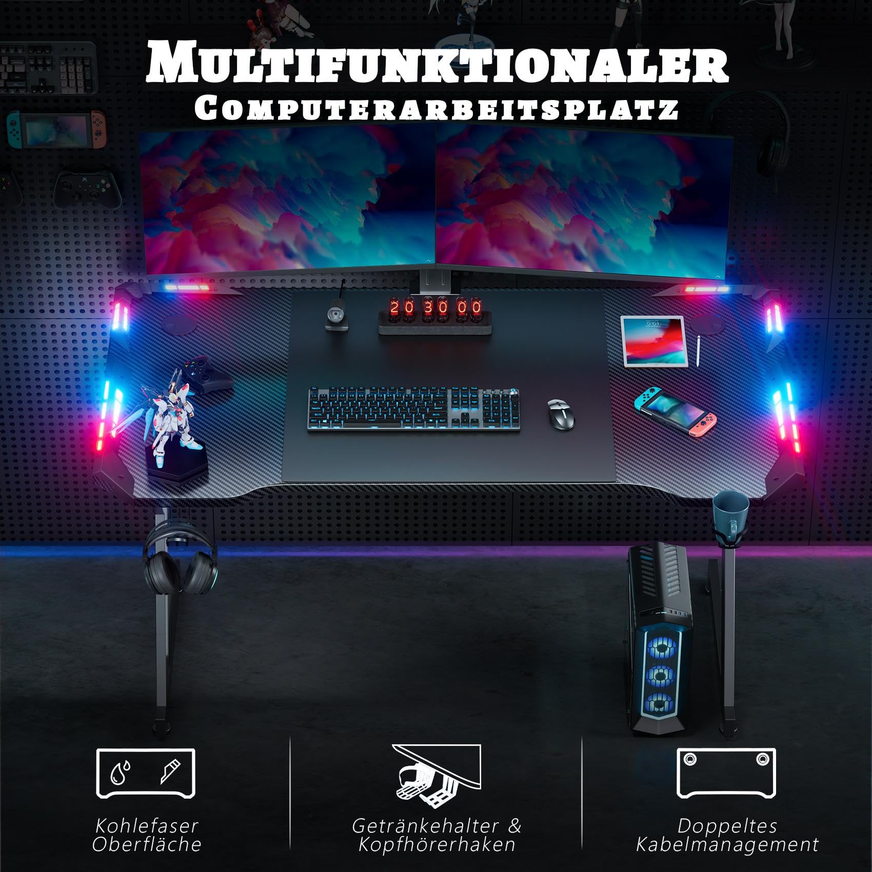 HLONONE LED Gaming Schreibtisch 120 x 60 cm, Gaming Tisch mit LED, Stabiler PC Tisch mit Kohlefaserbeschichtung, Gamer Tisch mit Getränkehalter und Kopfhörerhaken, Schwarz