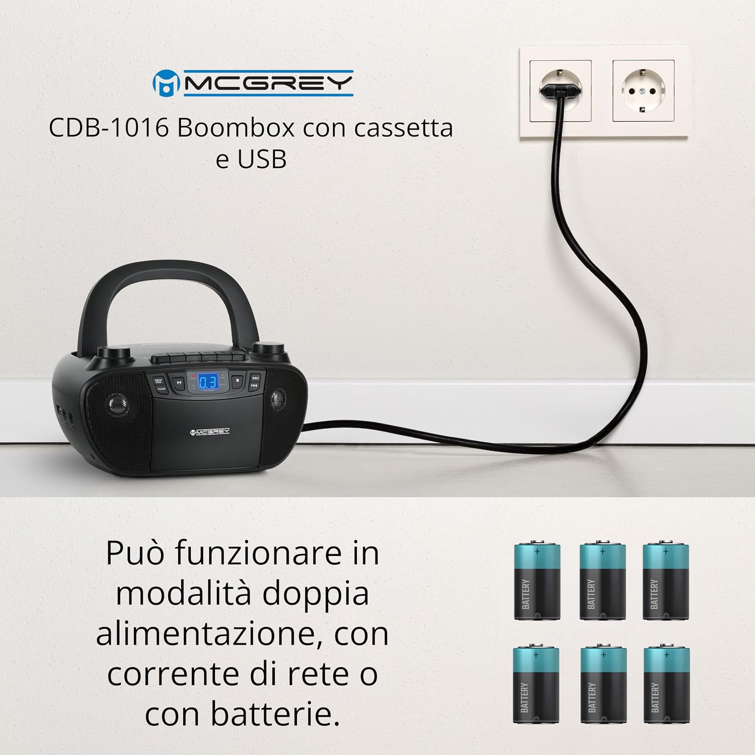 Beatfoxx CDB-1016 Boombox connected to a wall outlet with an illustration of 6 C-type batteries, demonstrating dual power options.