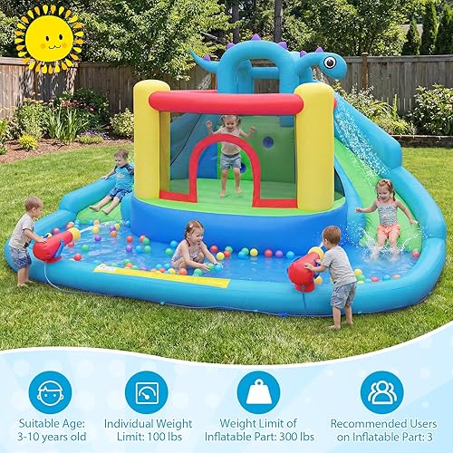 Vista 8 de BOUNTECH Tobogán acuático inflable, estilo dinosaurio, parque de toboganes dobles con casa de rebote, castillo de salto con 2 cañones de agua
