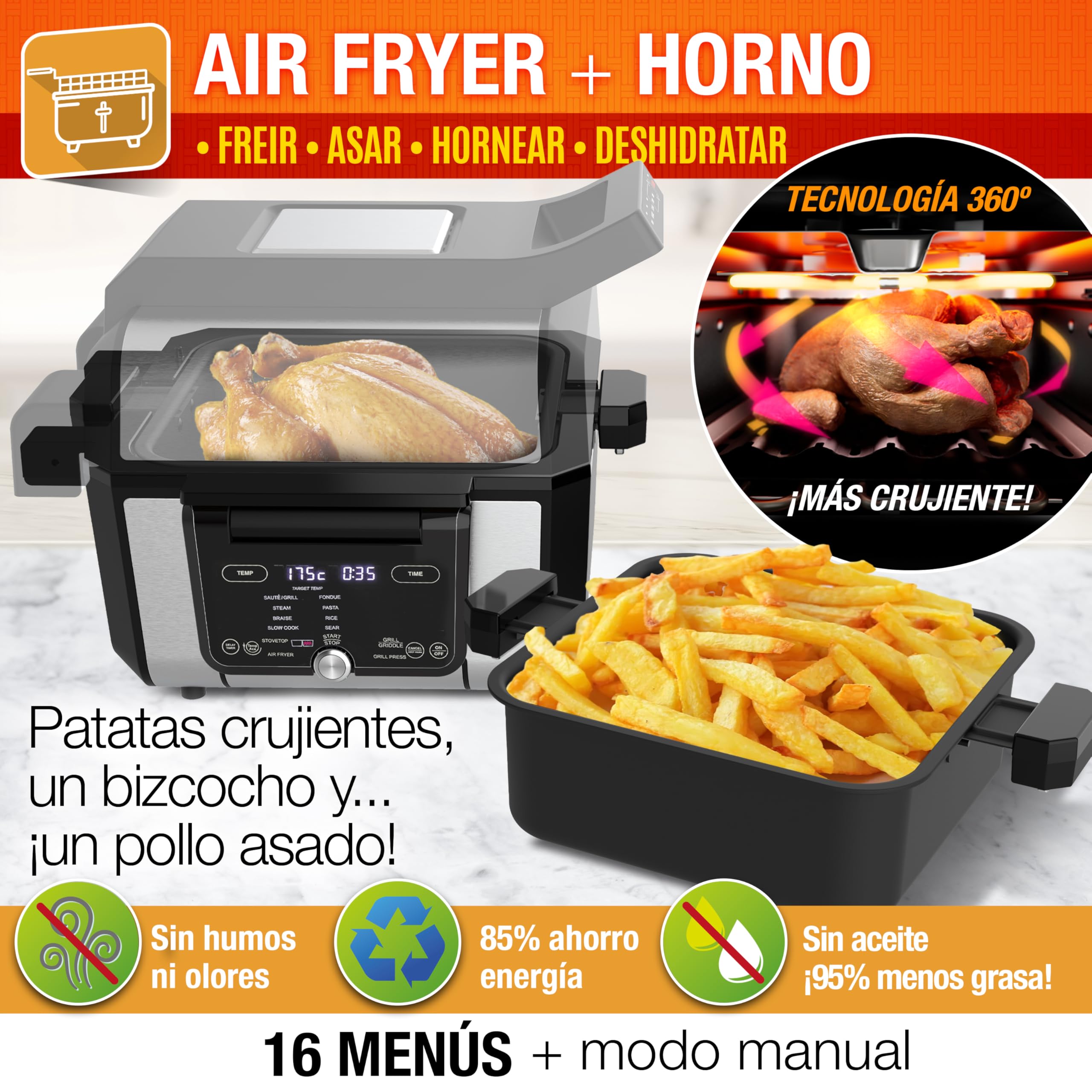 GOURMAX PRO Multifunción: Air Fryer + Horno + Plancha + Parrilla + Grill-Press + Olla 5.6L + Tapa vidrio. 2 zonas XXL independientes, 2 recetas a la vez: 16 Menús. Recetario. Ahorra Energía