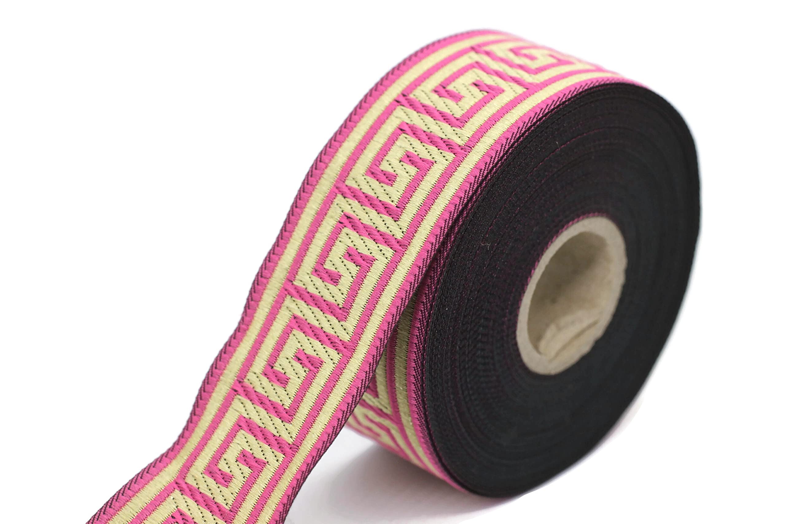 Nastro Jacquard 10m X 3,5cm – Motivo Chiave Greca Oro Rosa E Arancione, Tessuto Medievale Per Decorazioni, Fai Da Te, Regali, Feste