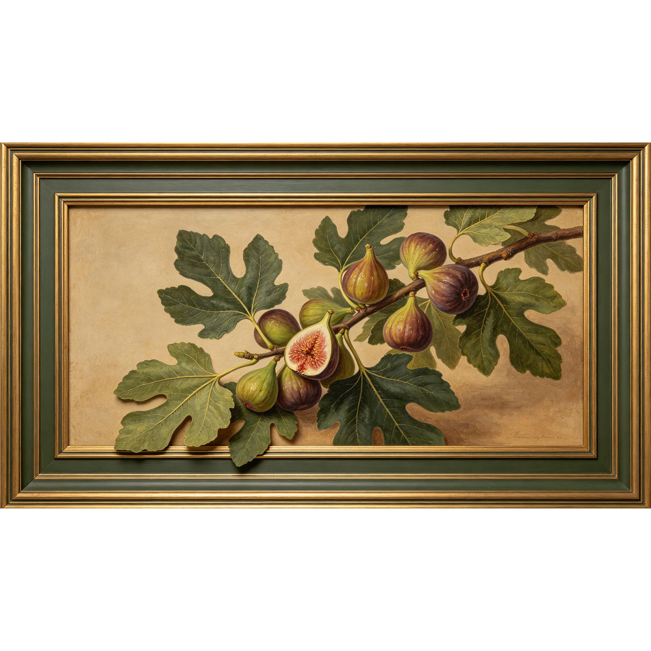 QZLITHOTIC 50x90cm3D Framed Wall Art， Botanical Fig Branch Oil Painting Self‑Adhesive Mural， Water‑Activated Peel & Stick Fabric Decor Wall Decal for Bedroom Living Room