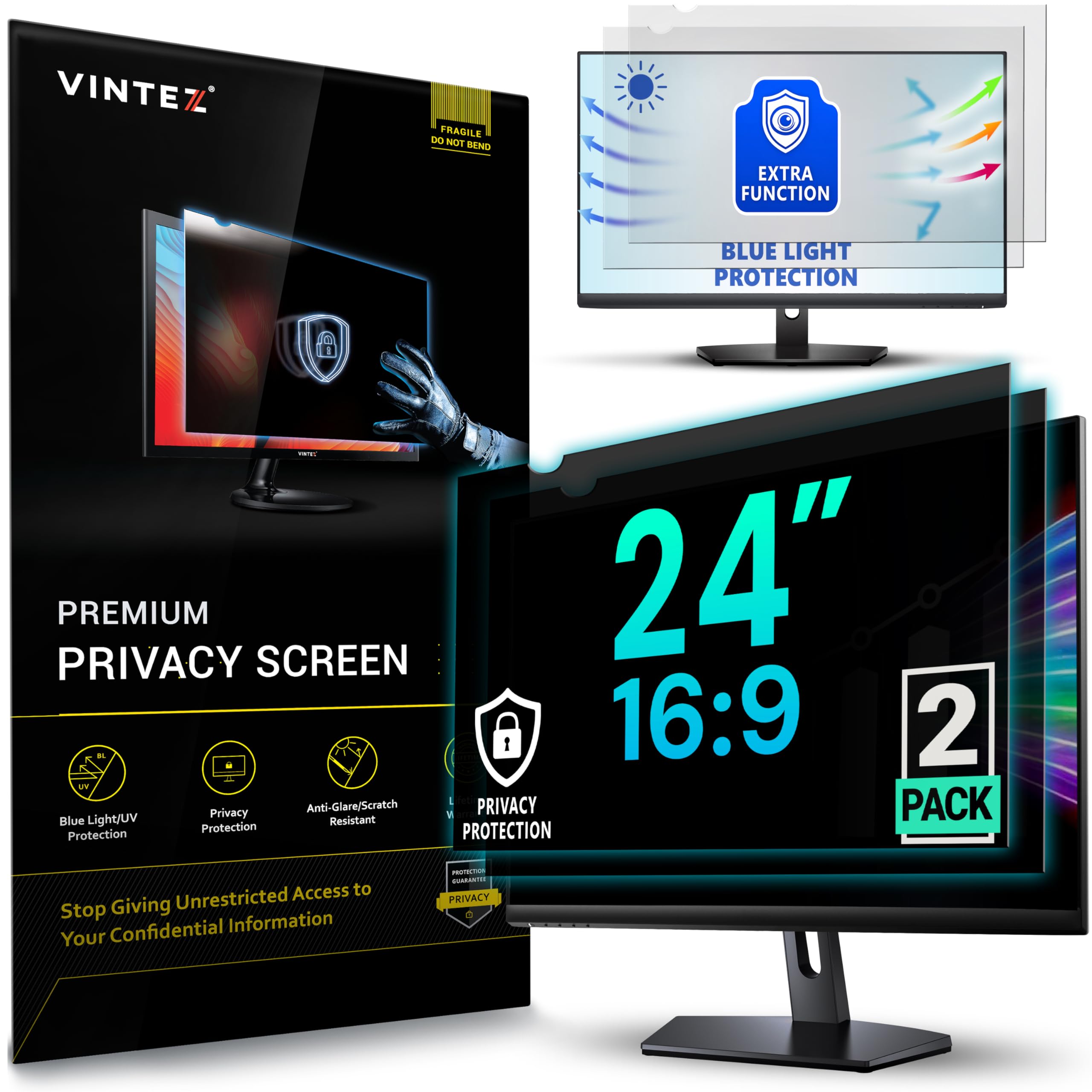 VINTEZ 2 Pack Privacy Filter for 16:9 Widescreen Computer Monitor Anti-Glare Anti-Scratch Privacy Screen 24"
