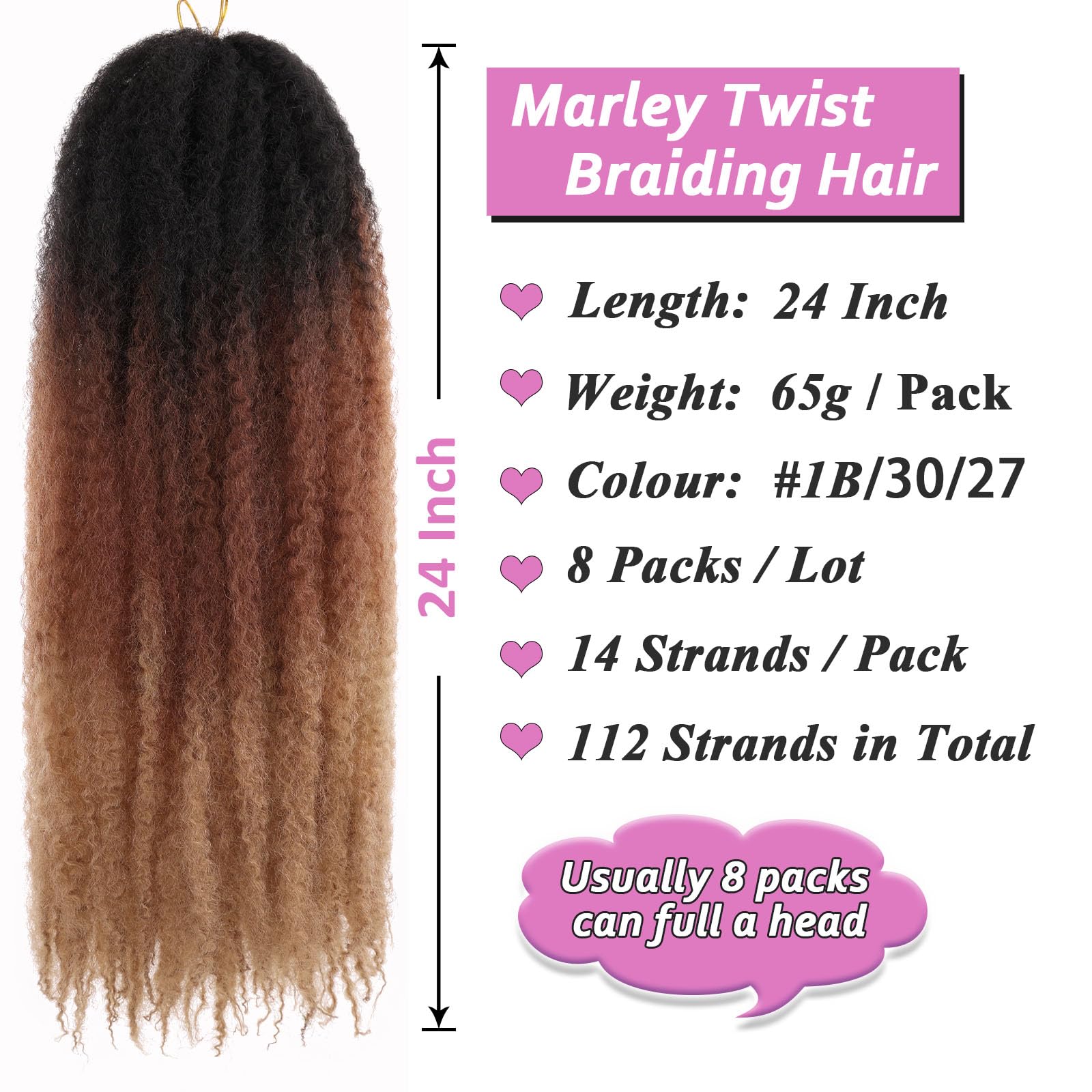 Samtress Ombre Afro Kinky Twist Crochet Extensions 24 Inch Springy 8 Packs for Faux Locs Synthetic Braids for Women (#1B/30/27) - Image 2