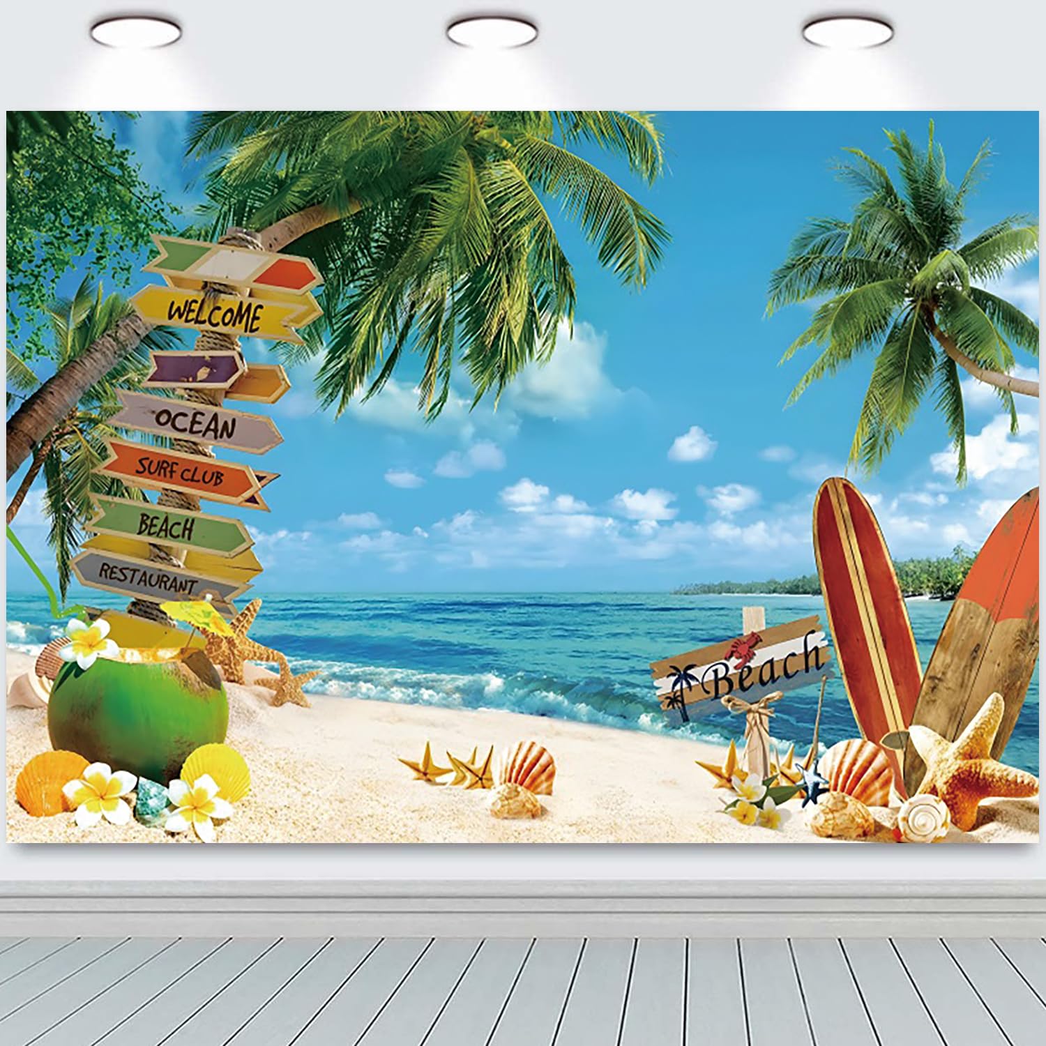 2.4x1.8m Sfondo Spiaggia estate tropicale palme mare isola blu mare cielo fotografia sfondo matrimonio baby shower compleanno Hawaii Aloha Luau Party decorazioni banner Photo Booth Props