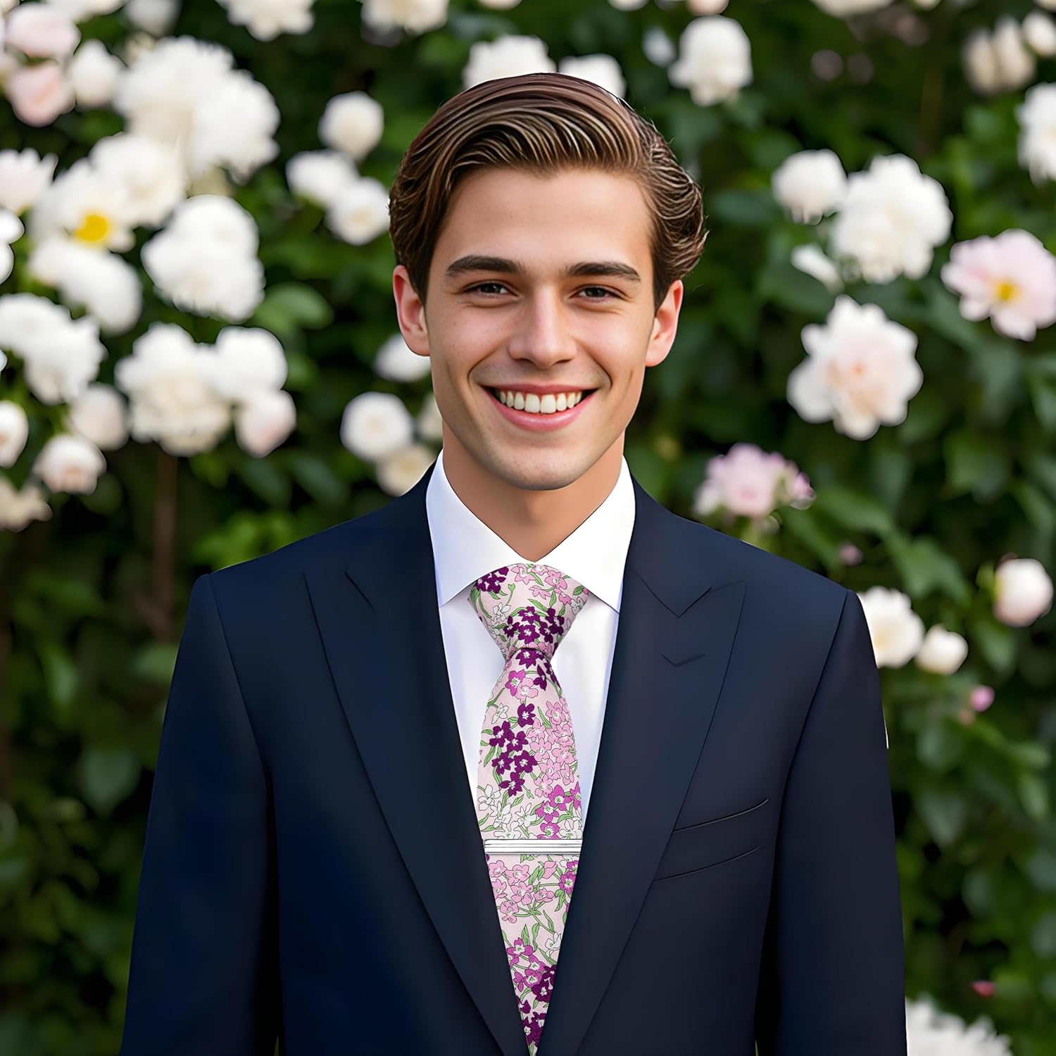 Cotton Floral Tie for Men 2.5" Printed Skinny Necktie Pocket Square Tie Clip Set Flower Wedding Party Groom - Image 4