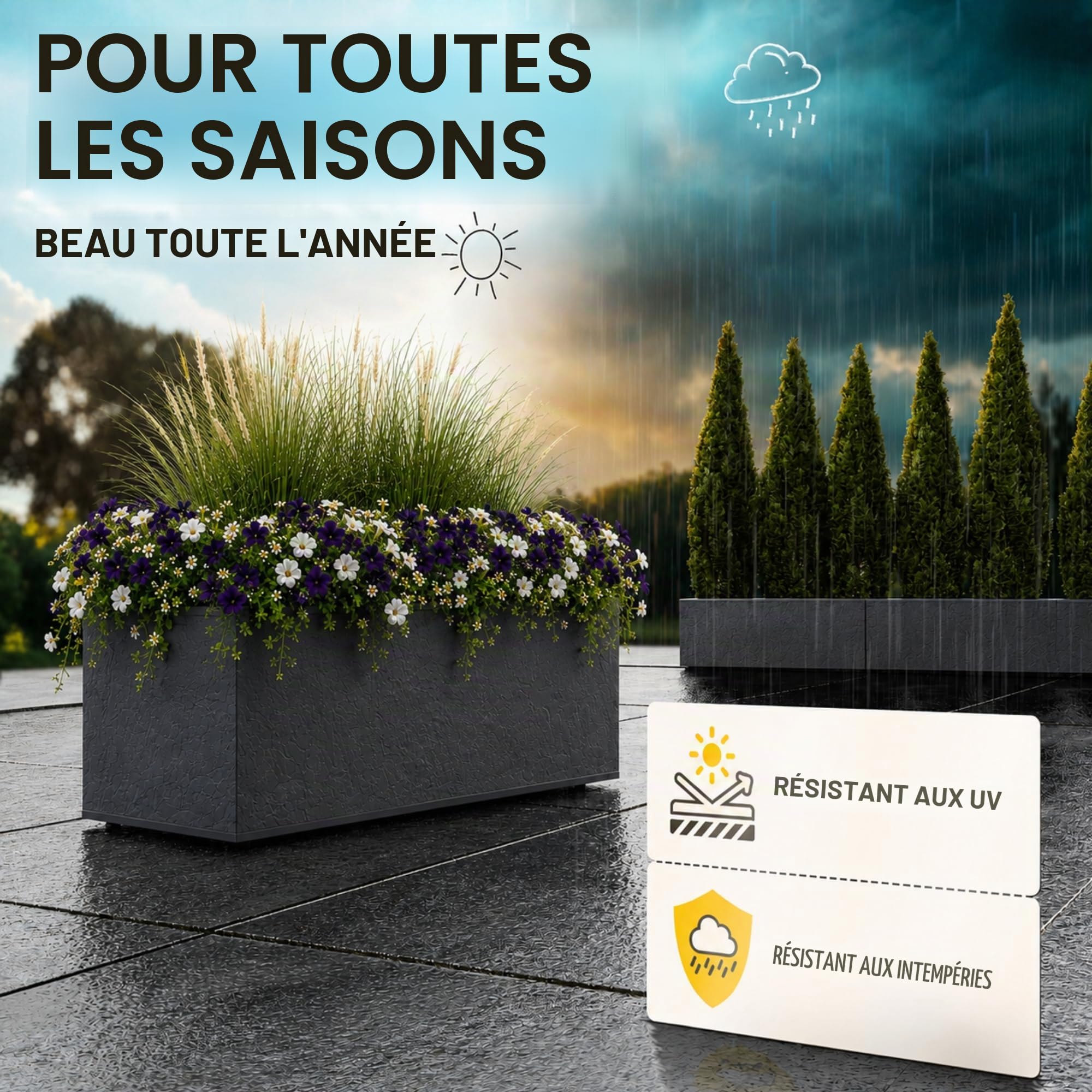 Ondis24 Vulcan - Pot de fleurs rectangulaire - Volume de 57 l - Jardinière avec réservoir d'eau - Pour balcon, terrasse - Anthracite
