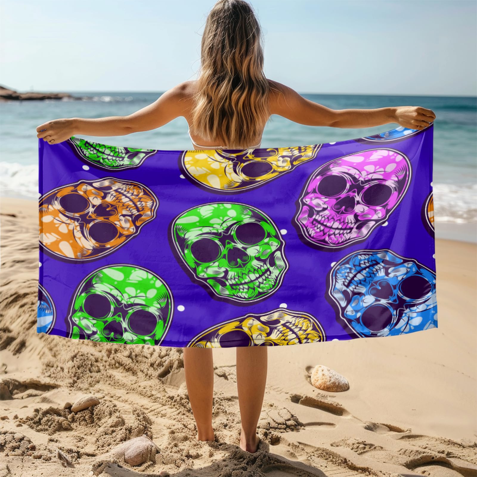 Drap de Plage XXL 200X200 Crâne Vert Serviettes de Plage en Microfibre,Serviette Piscine Extra Large sans Sable pour Adultes Séchage Rapide