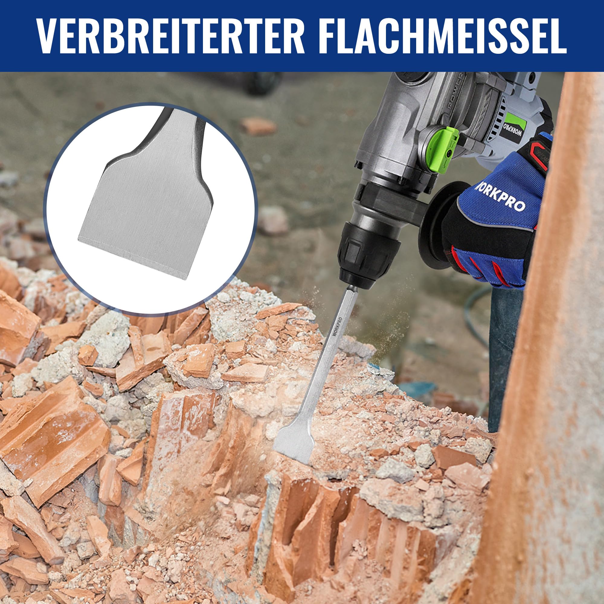 WORKPRO 17-teilig SDS-Plus Bohrer- und Meißel-Set, Zubehör für Bohrhammer, Hammerbohrer Steinbohrer Betonbohrer mit Aufbewahrungskoffer, Für Beton, Fliesen, Ziegel, Zement, Stein und Mauerwerk