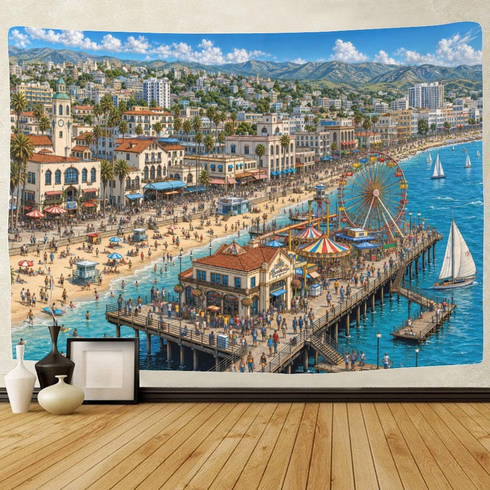 GPMNBCXZK Santa Monica Pier Wall Hanging Decor 3D Print Wall Tapestry California Beach Tapestries Home Decoration Curtain Bedroom Dorm 180cmx230cm