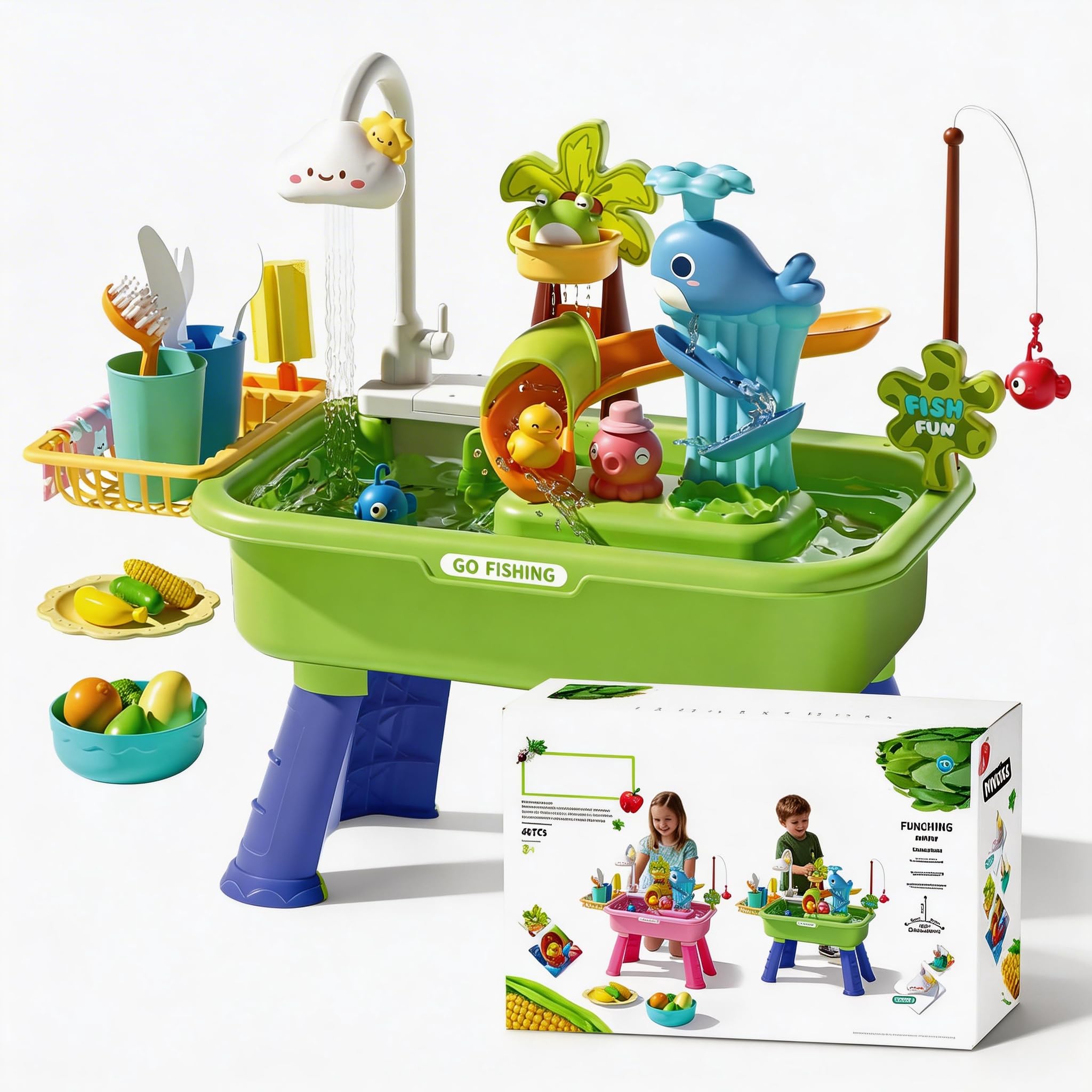 Tavolo da gioco acquatico per bambini dai 3 anni in su, un acquario 4 in 1 con circolazione dell'acqua realistica e gioco di pesca; gambe regolabili in altezza; adatto a maschi e femmine (Verde)