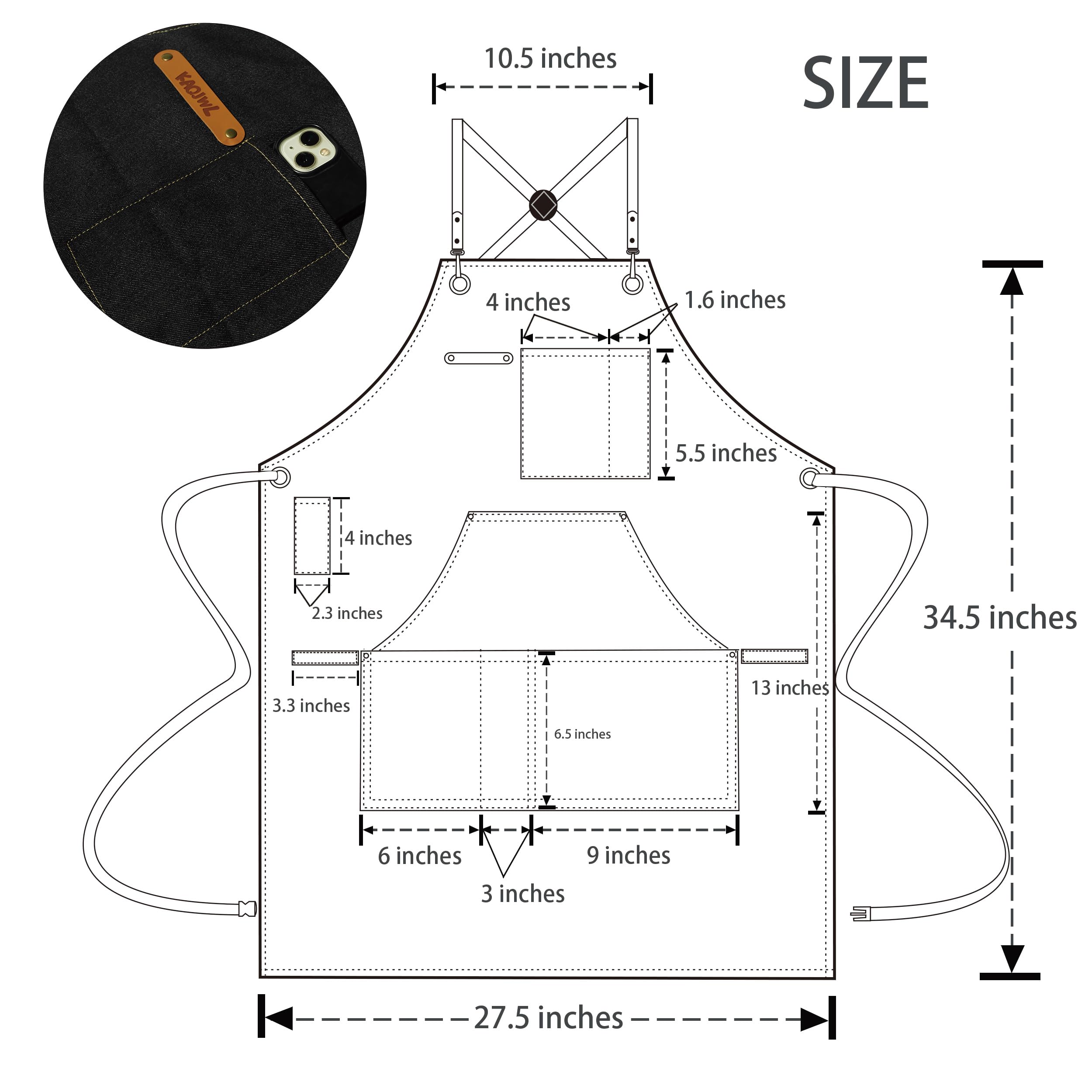 KAQJWL Unisex Chef Apron – Cross-Back, Large Pockets, Water-Resistant Cotton Canvas (Black Denim)