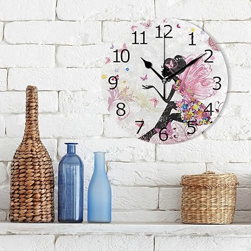 Miniatura 6 de ALAZA Reloj de pared redondo silencioso sin tictac, hada de las flores en el entorno de las mariposas, reloj decorativo para el hogar para sala de