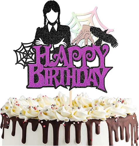 1 decoración para pastel de cumpleaños de miércoles con purpurina, tela de araña con brillantina, mano de miércoles para niña, decoración de pastel