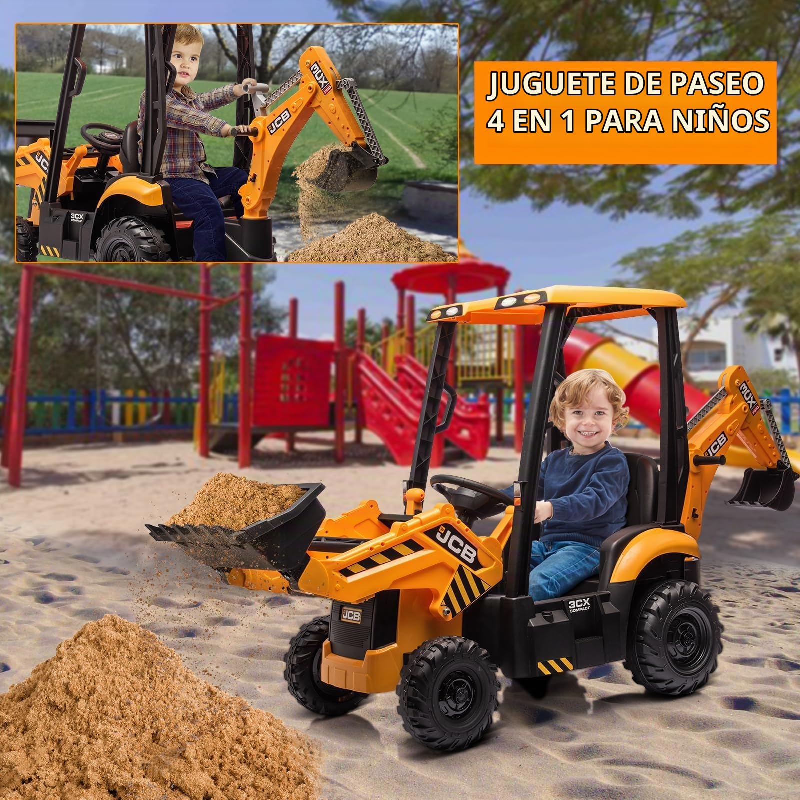 4 en 1 Excavadora para Niños 12V (Amarillo) | Vehículo Eléctrico Infantil con Control Remoto, Pala/Cargador Frontal, Brazo Excavador, Bocina y Asiento Ajustable