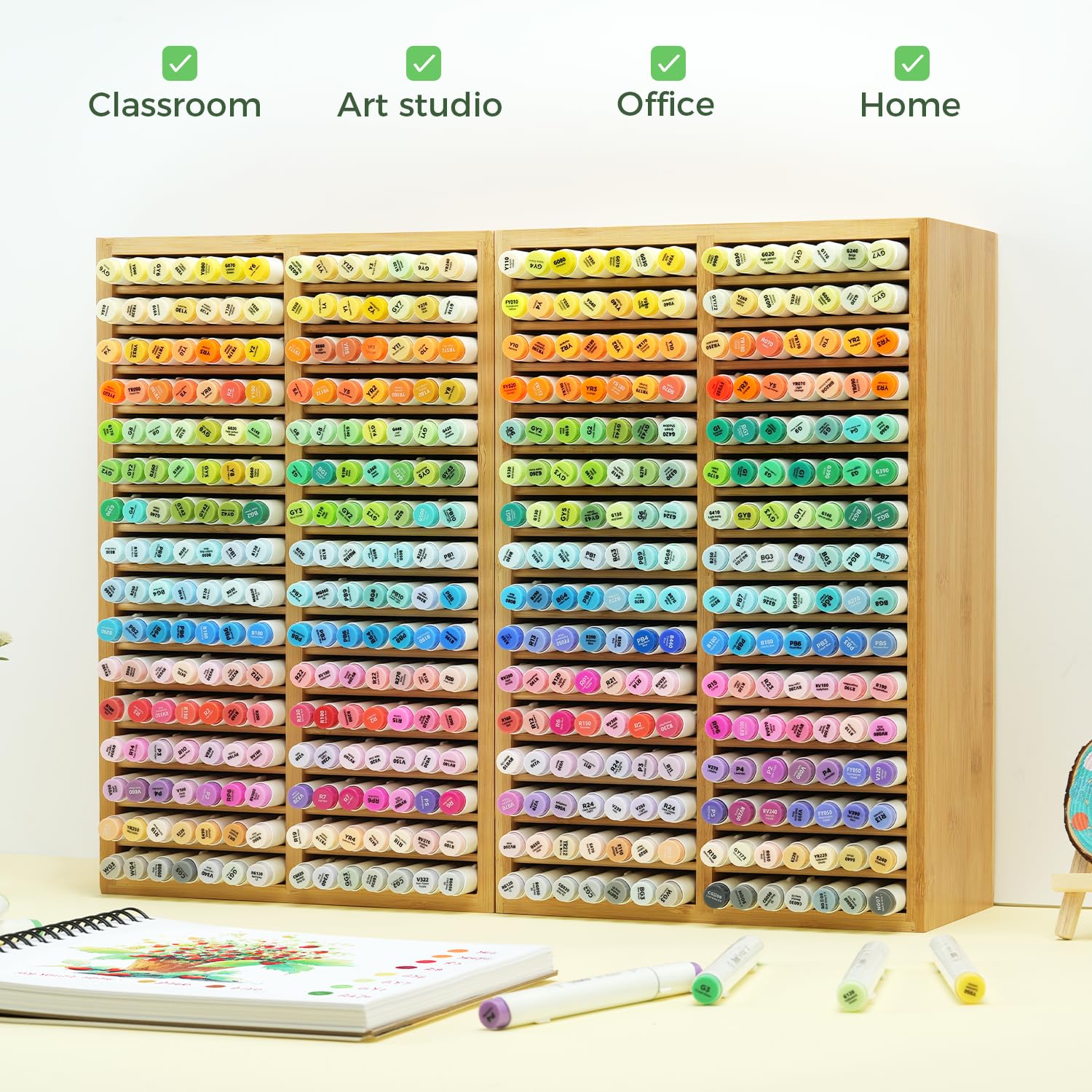 Ohuhu Organiseurs de marqueurs en bambou, Rangement Bureau en bois Tenir 224 marqueurs, Stylos Crayons Etuis Organiseurs multimédia avec 32 compartiments pour la maison Salle de classe Bureau