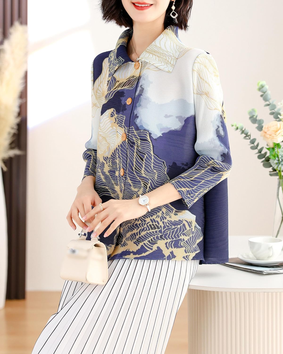 LAI MENG FIVE CATS Women's Casual Collared Neck Print Button Up Loose Blouse Elasticity Tops - Image 3
