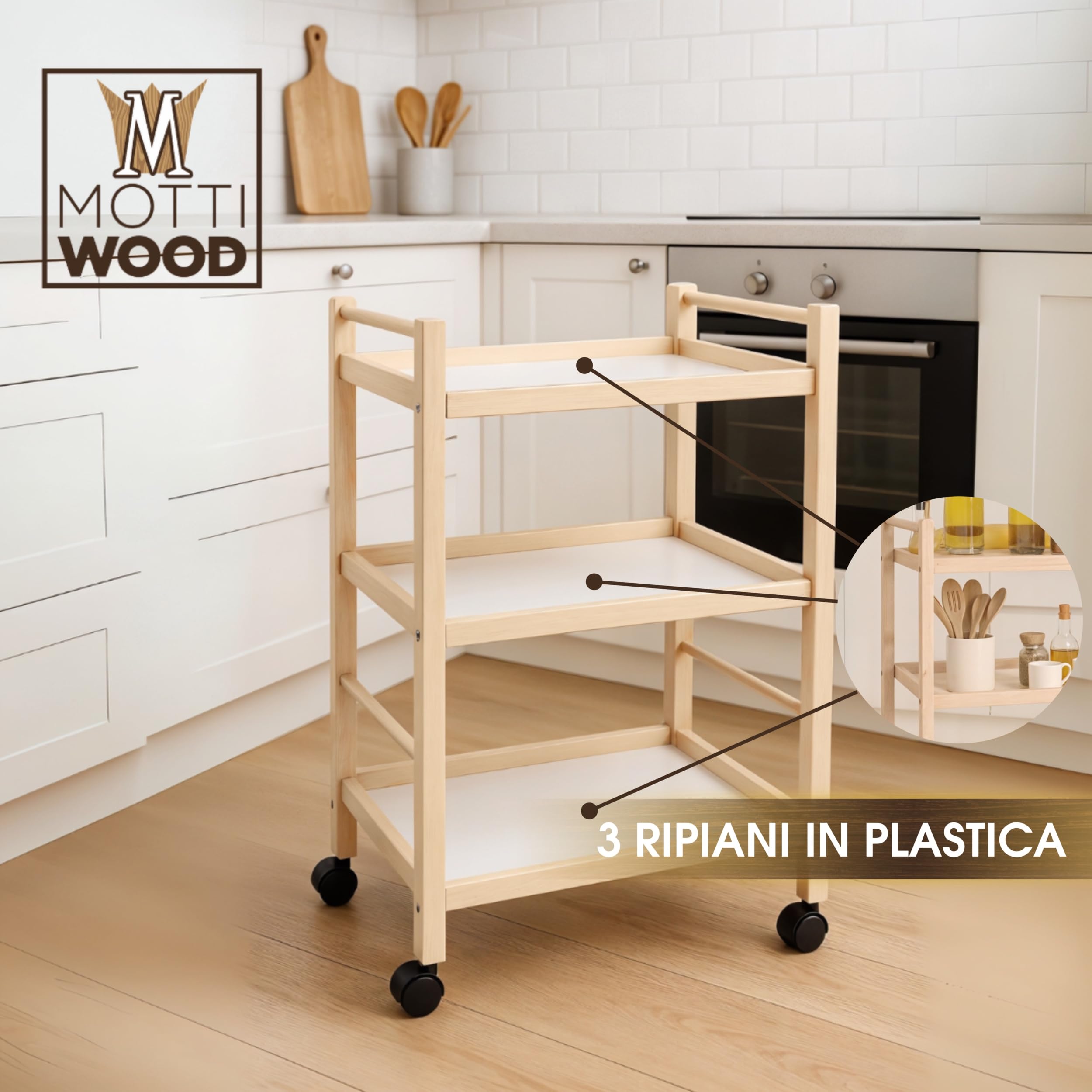 Carrello Multiuso, 3 Ripiani, 100% Legno Faggio, 28x40xh64.5 cm, Con Rotelle